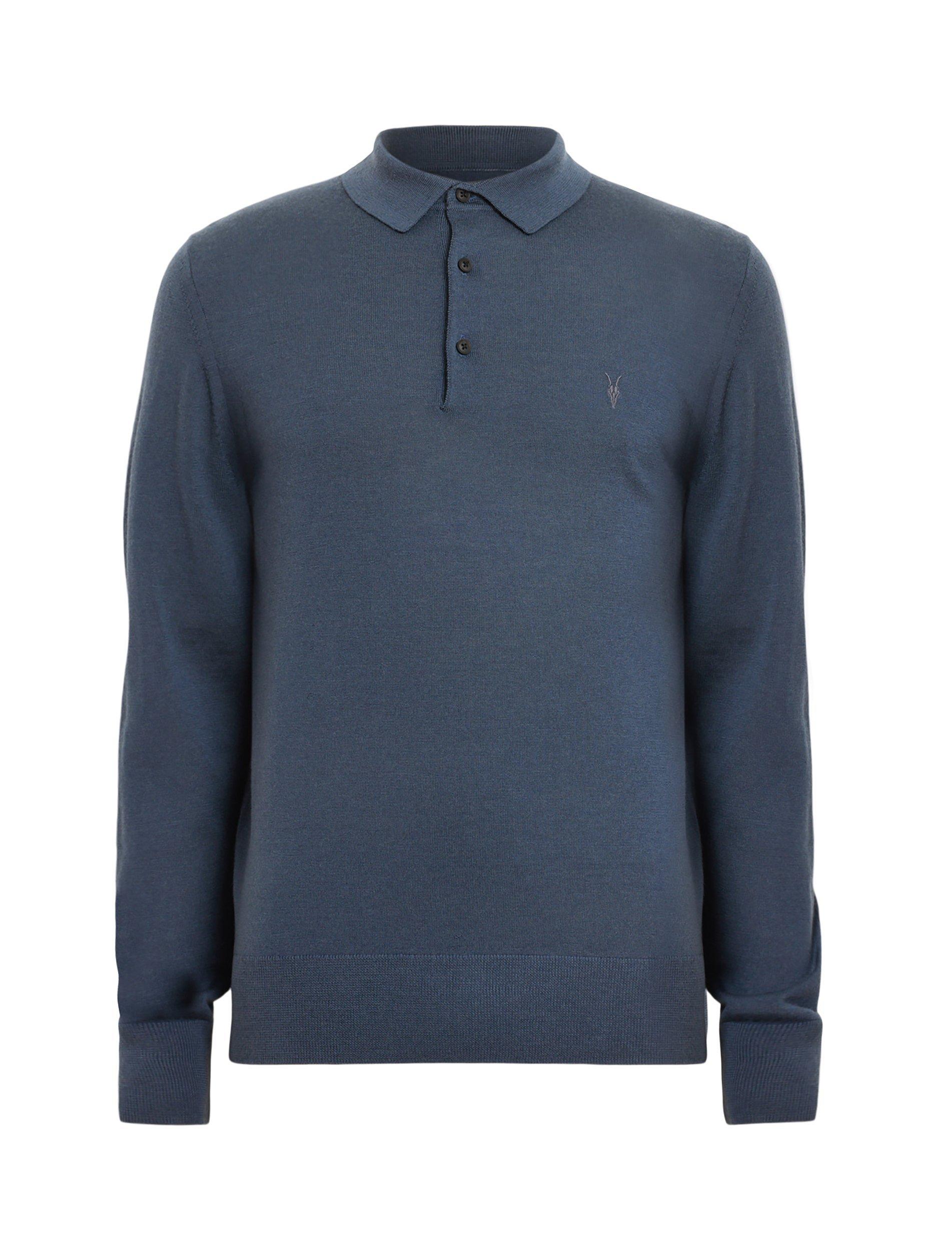 Product image 4 of 5, which shows AllSaints Mode Merino Long Sleeve Polo Shirt, Pitched Blue, XS
