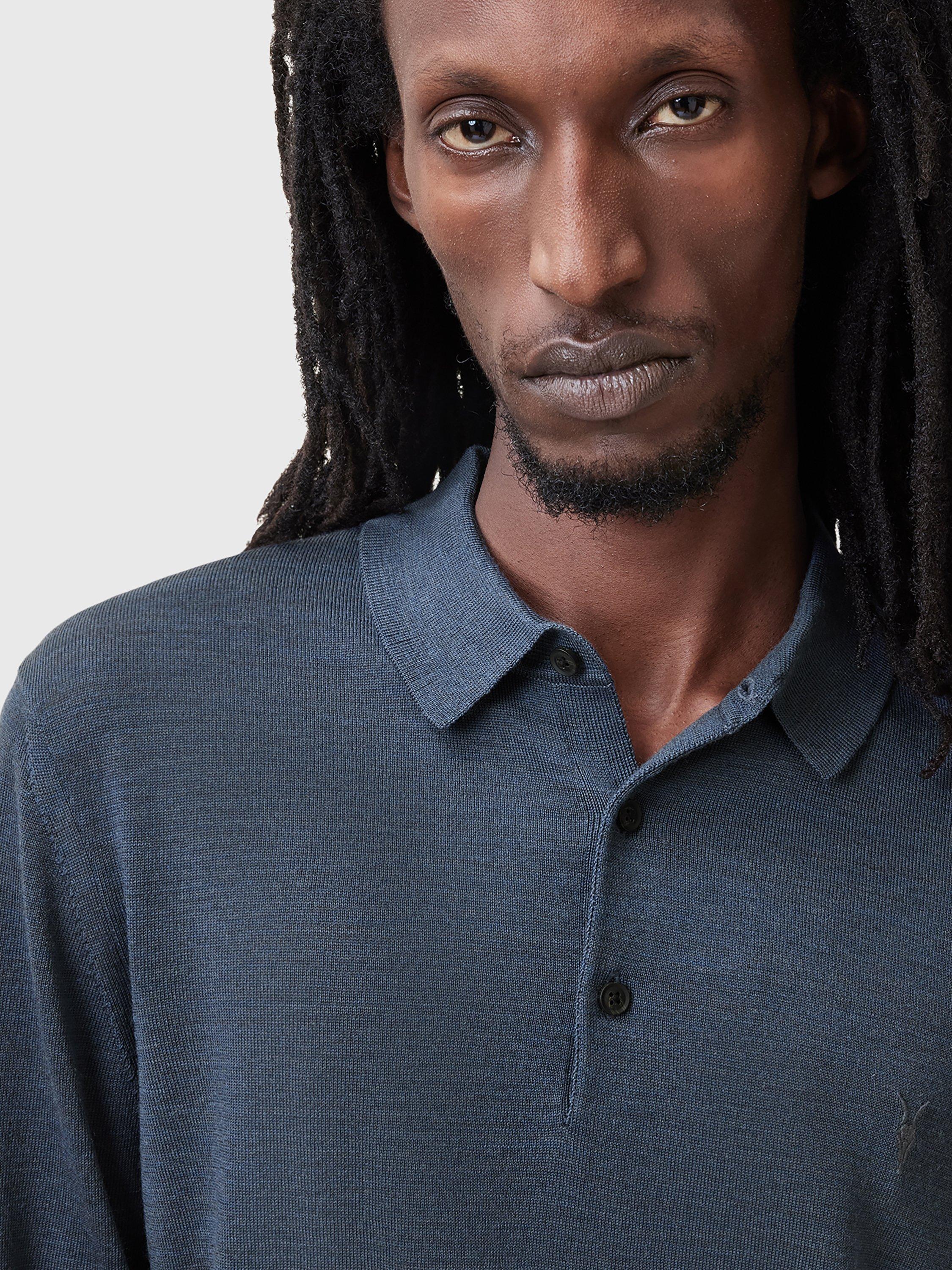 Product image 5 of 5, which shows AllSaints Mode Merino Long Sleeve Polo Shirt, Pitched Blue, XS