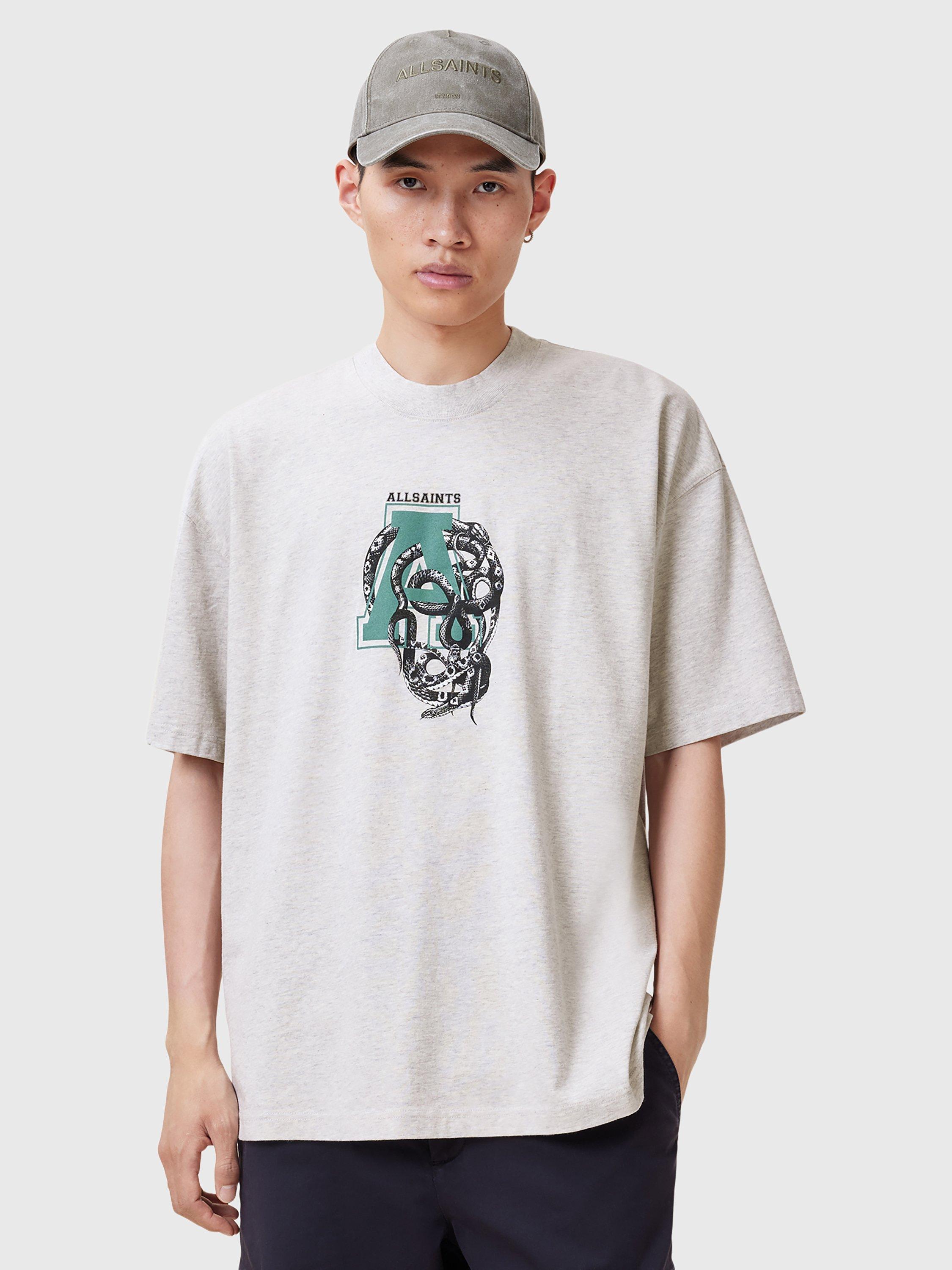 AllSaints Caduceus Cotton Loose Fit Short Sleeve Graphic T-Shirt, Marl Grey