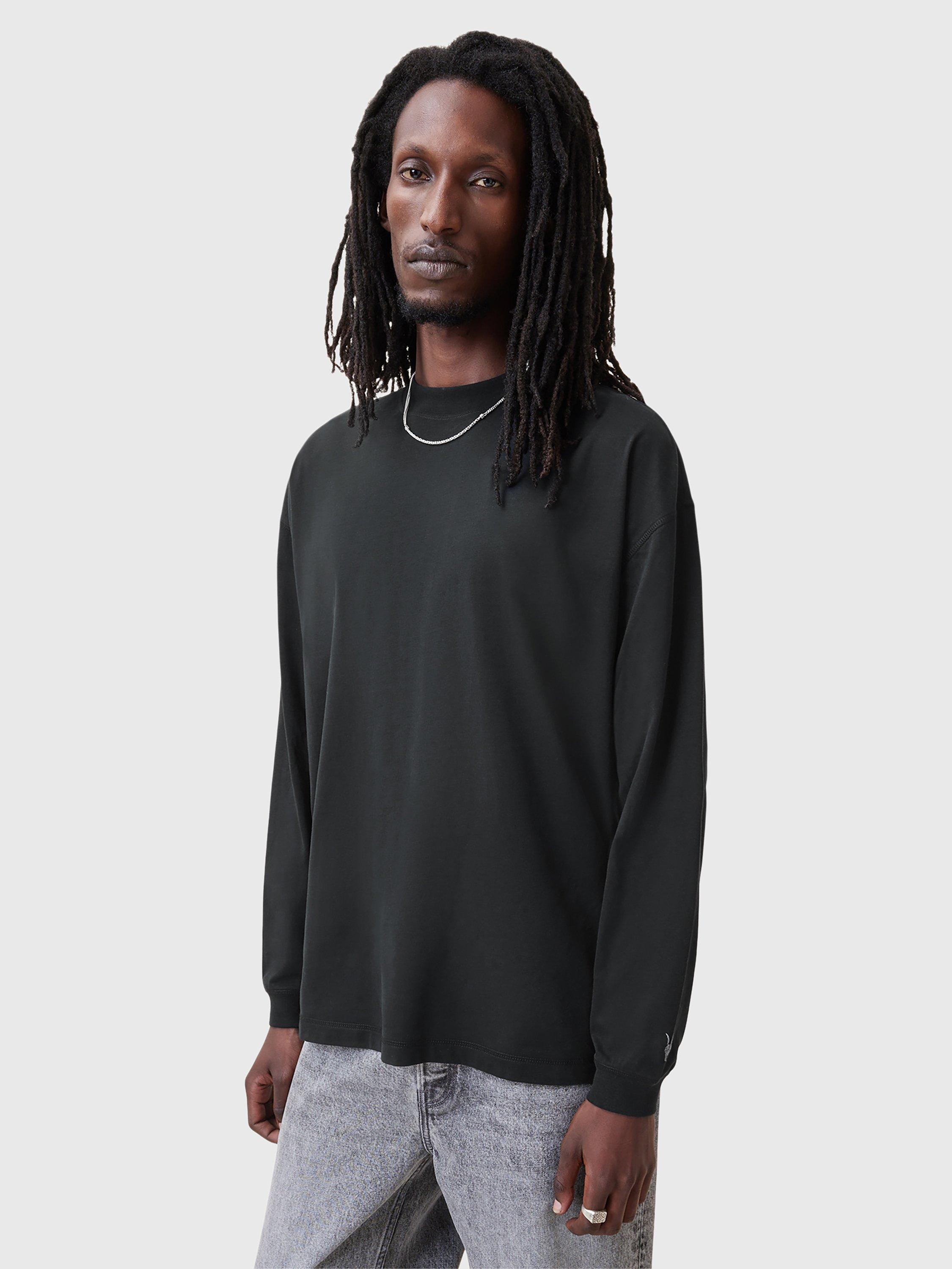 AllSaints Finn Organic Cotton Oversized Long Sleeve Crew T-Shirt, Jet Black