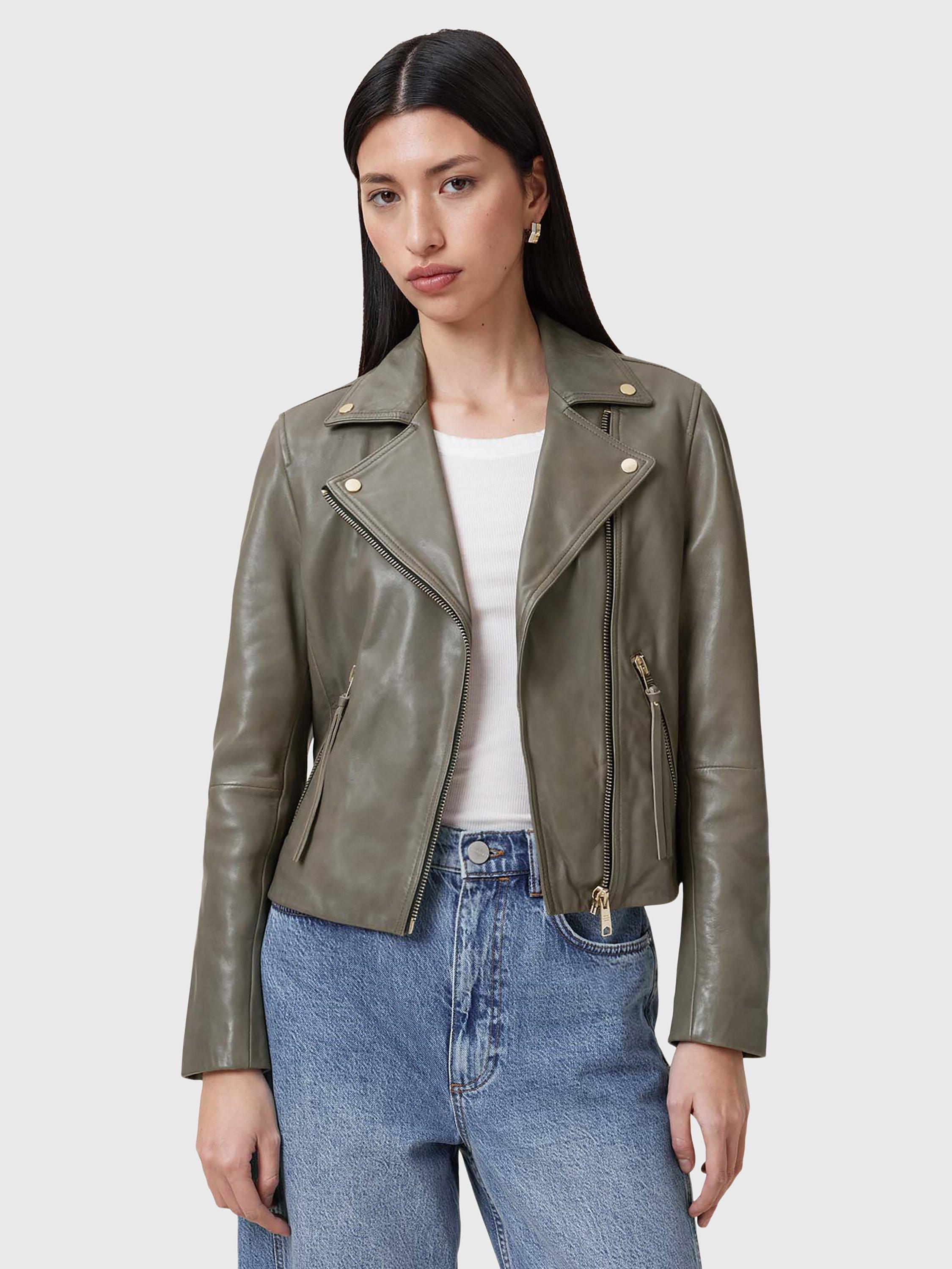 AllSaints Dalby Leather Biker Jacket, Dusty Olive