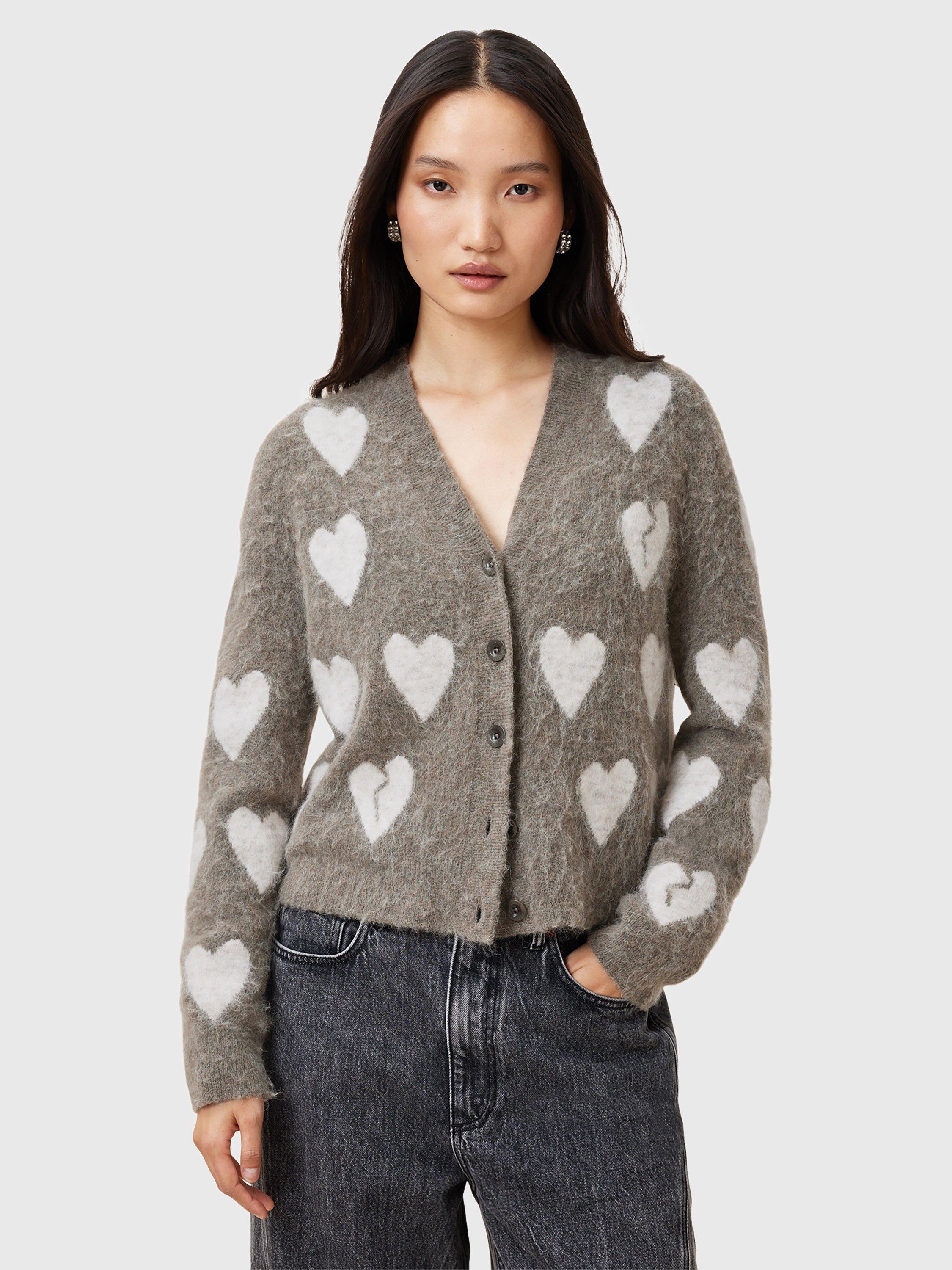 Product image 1 of 7, which shows AllSaints Amora Heart Wool Rich Cardigan, Walnut Brown/Grey, L