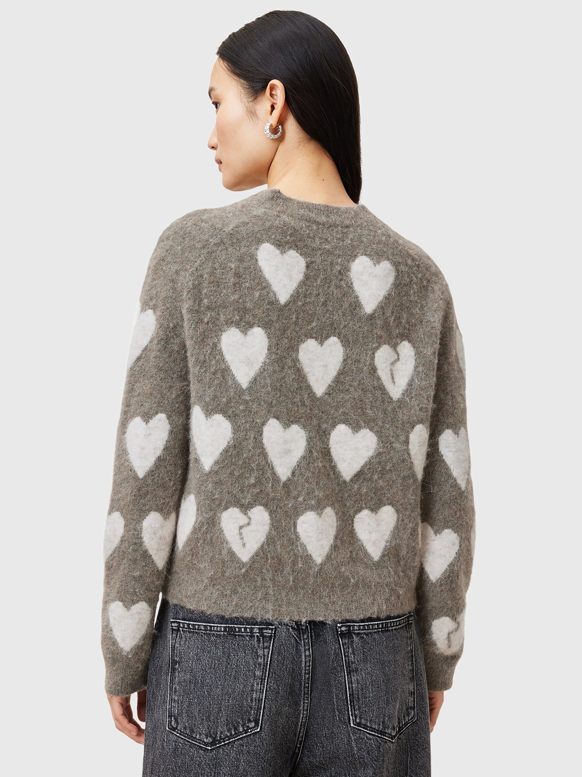 Product image 2 of 7, which shows AllSaints Amora Heart Wool Rich Cardigan, Walnut Brown/Grey, L