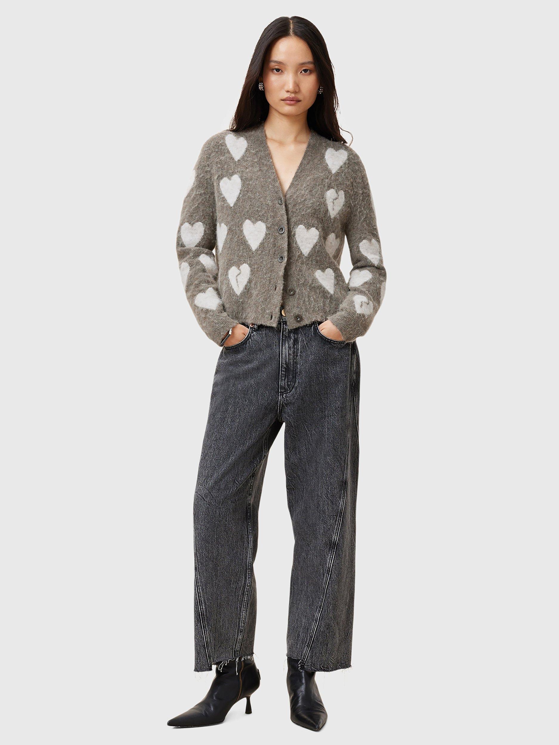 Product image 3 of 7, which shows AllSaints Amora Heart Wool Rich Cardigan, Walnut Brown/Grey, L