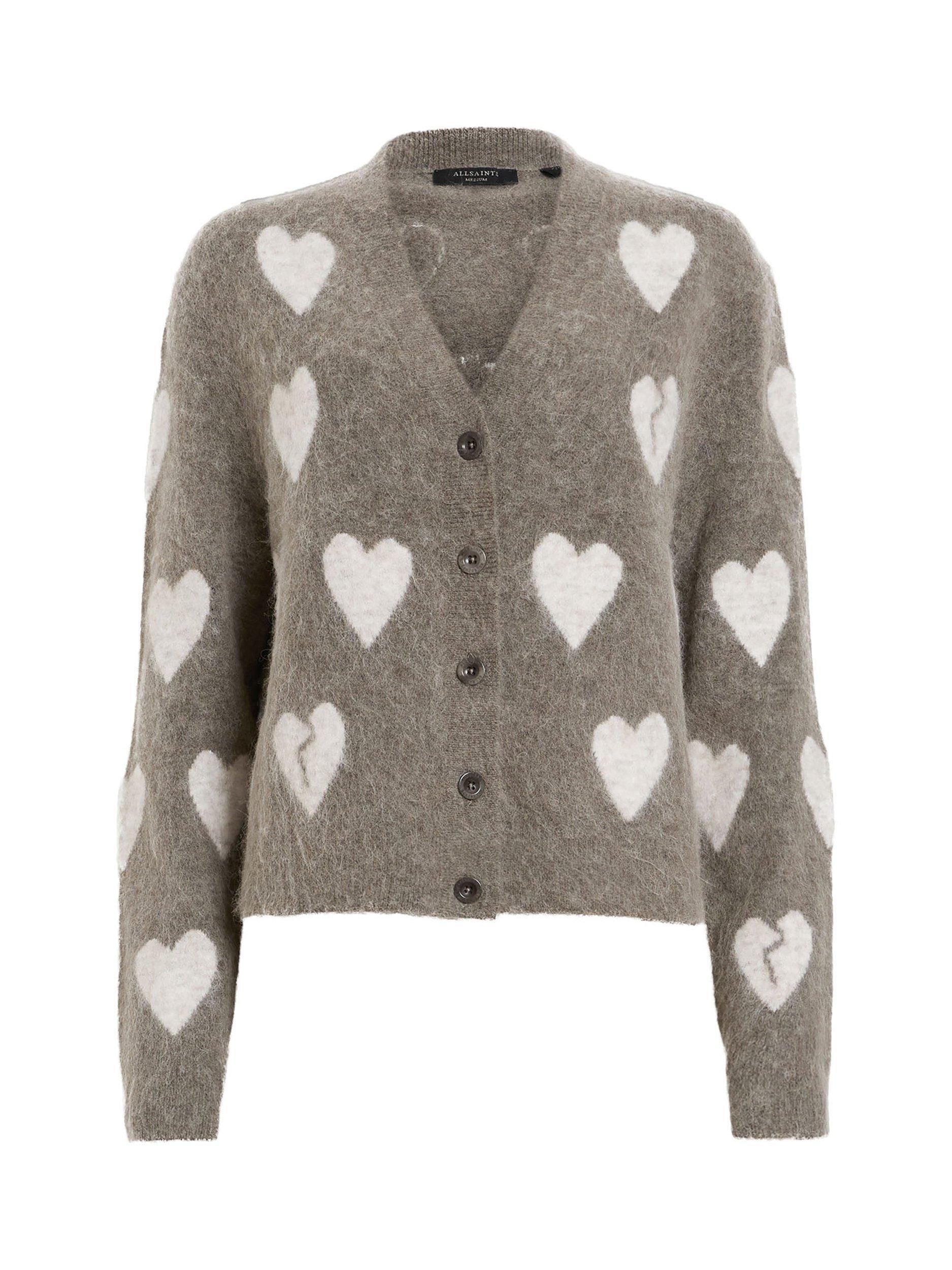 Product image 4 of 7, which shows AllSaints Amora Heart Wool Rich Cardigan, Walnut Brown/Grey, L