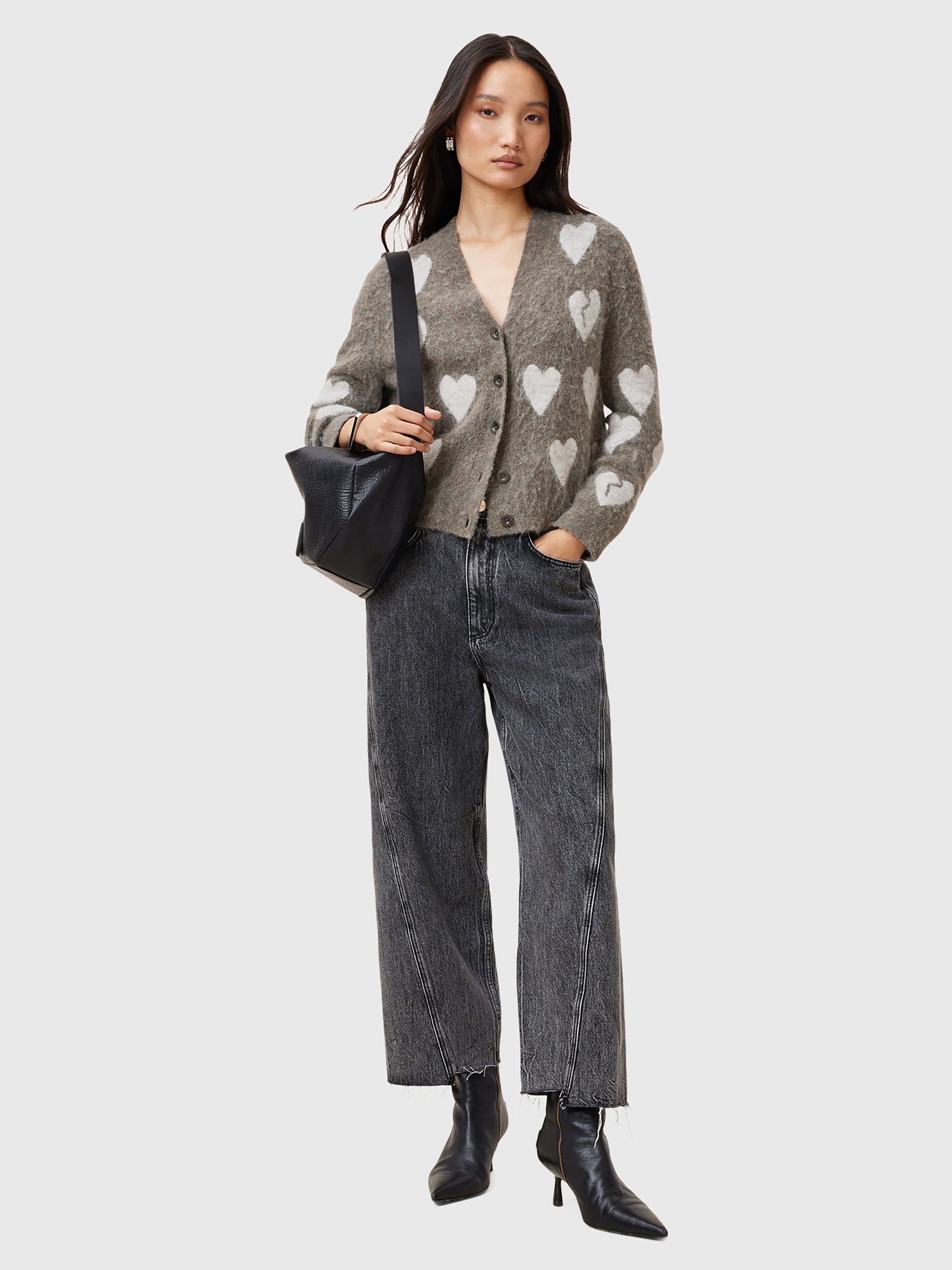 Product image 5 of 7, which shows AllSaints Amora Heart Wool Rich Cardigan, Walnut Brown/Grey, L