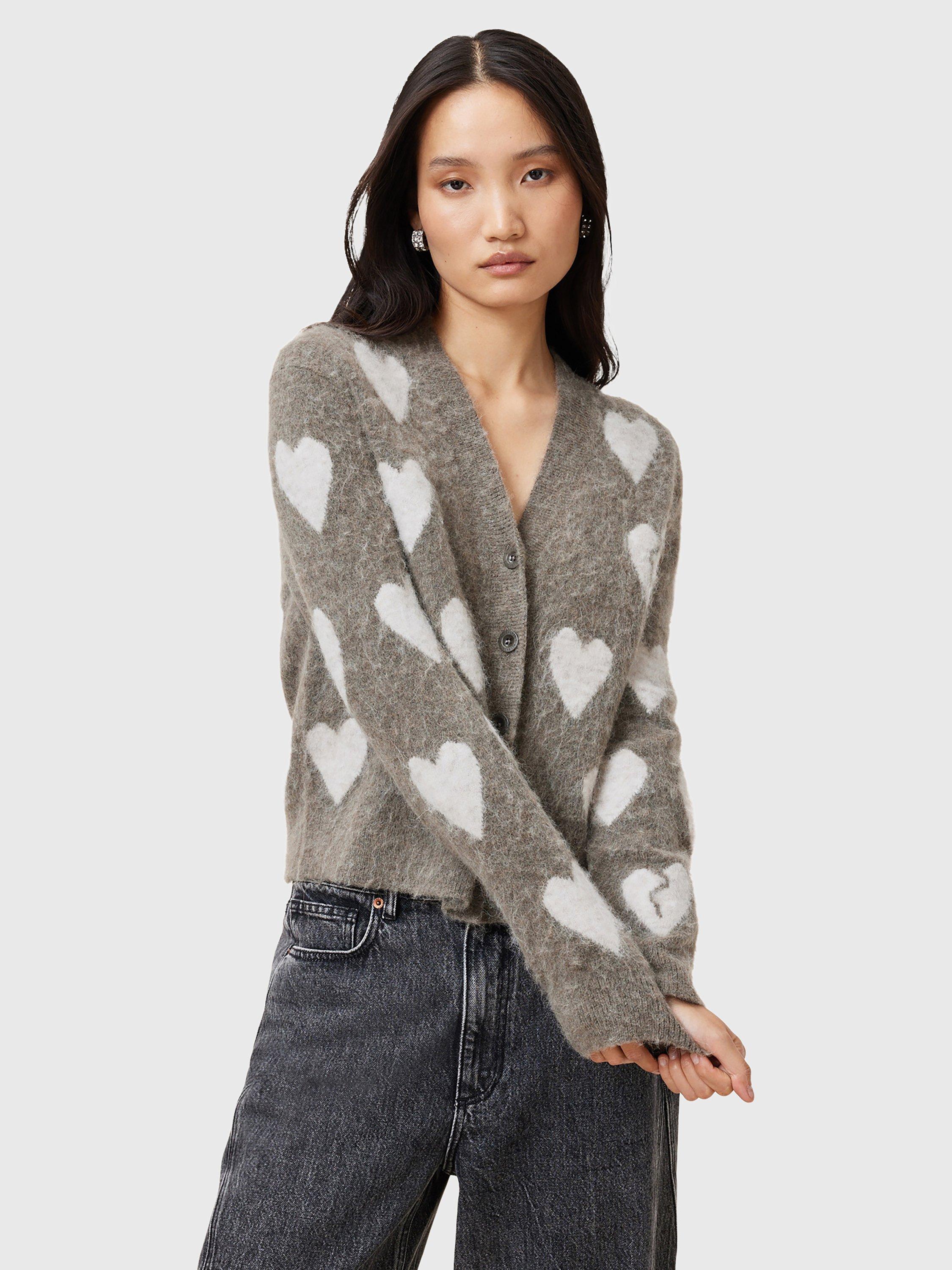 Product image 6 of 7, which shows AllSaints Amora Heart Wool Rich Cardigan, Walnut Brown/Grey, L