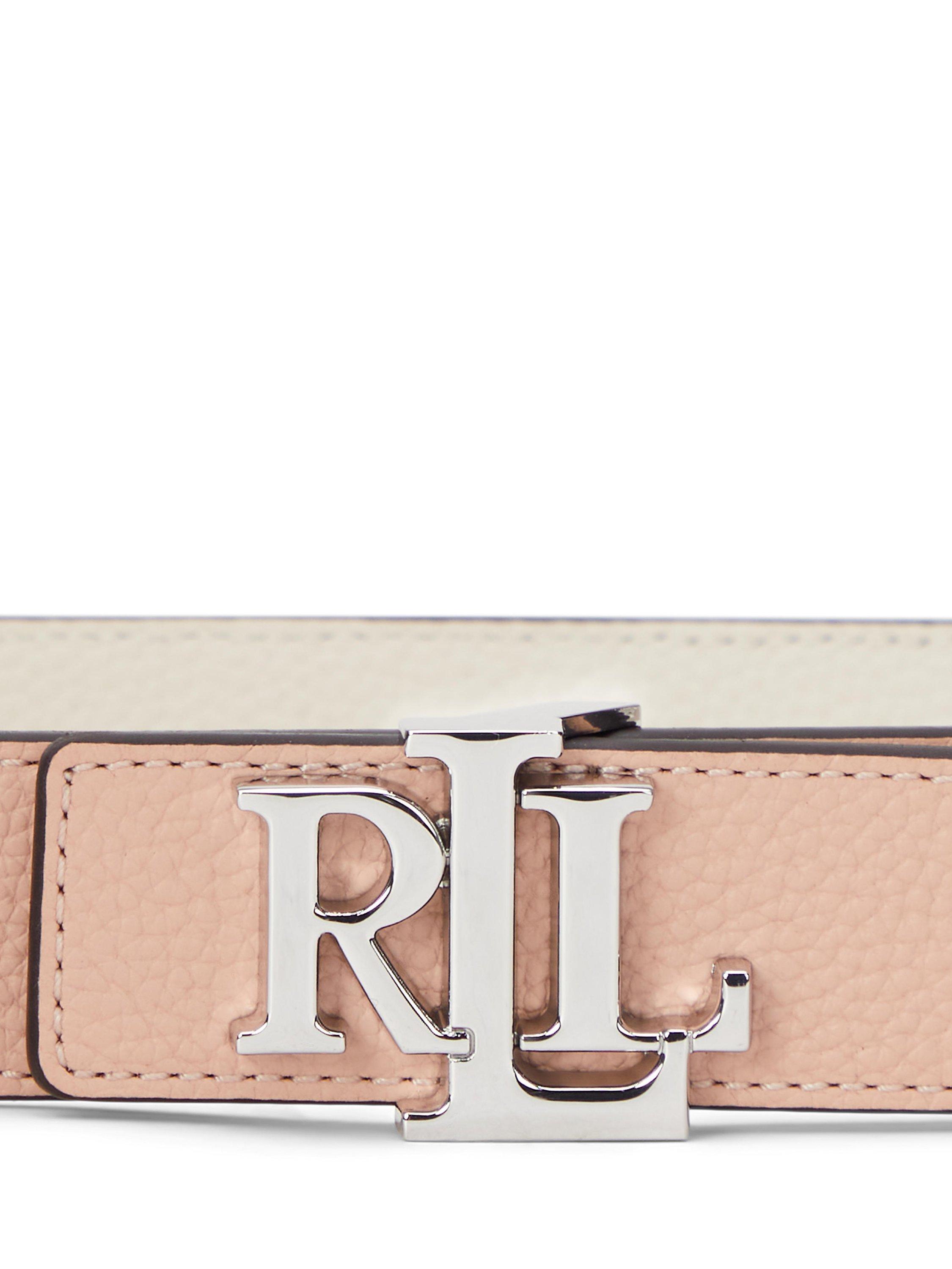 Product image 2 of 3, which shows Lauren Ralph Lauren Leather Logo Reversible Belt, Snrise Blsh/Sft Wht, XS