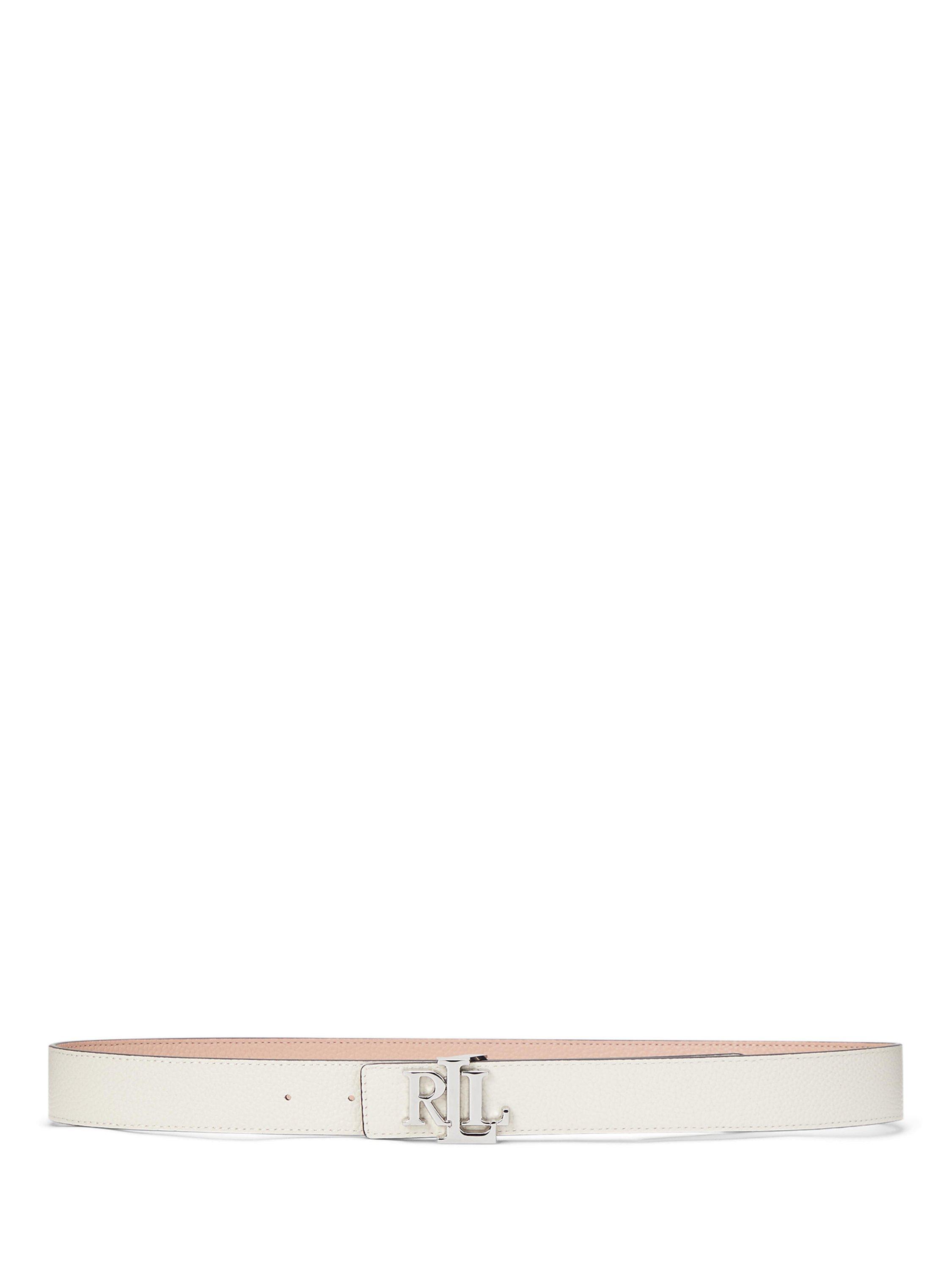 Product image 3 of 3, which shows Lauren Ralph Lauren Leather Logo Reversible Belt, Snrise Blsh/Sft Wht, XS