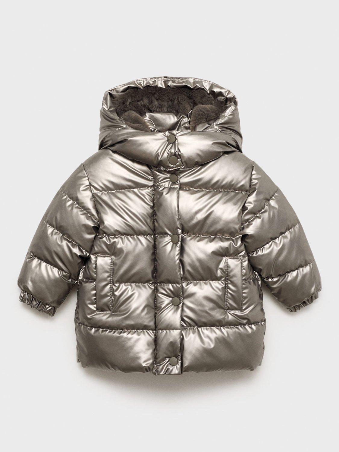 Mango Kids' Plati Quilted Metallic Hooded Jacket, Pewter
