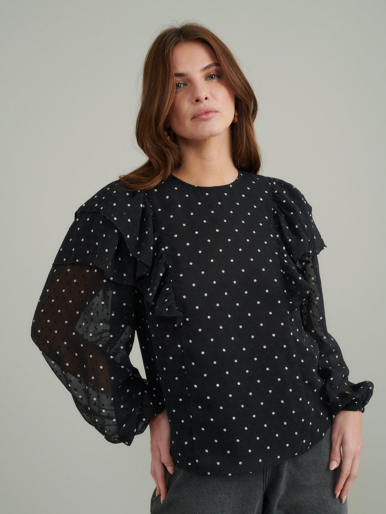 Product image 3 of 5, which shows Nobody's Child Finola Polka Dot Ruffle Blouse, Black/White, 16