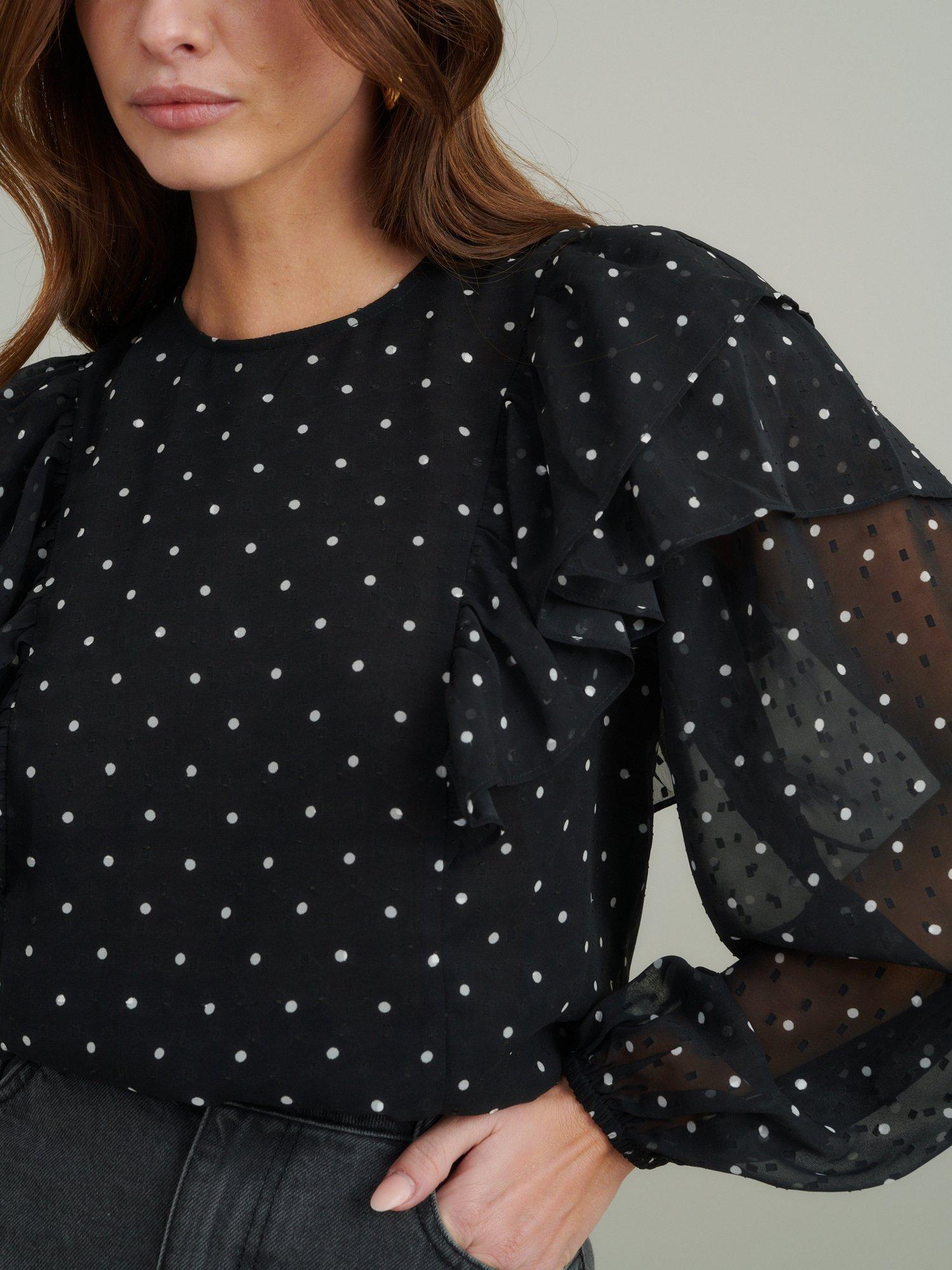 Product image 4 of 5, which shows Nobody's Child Finola Polka Dot Ruffle Blouse, Black/White, 16