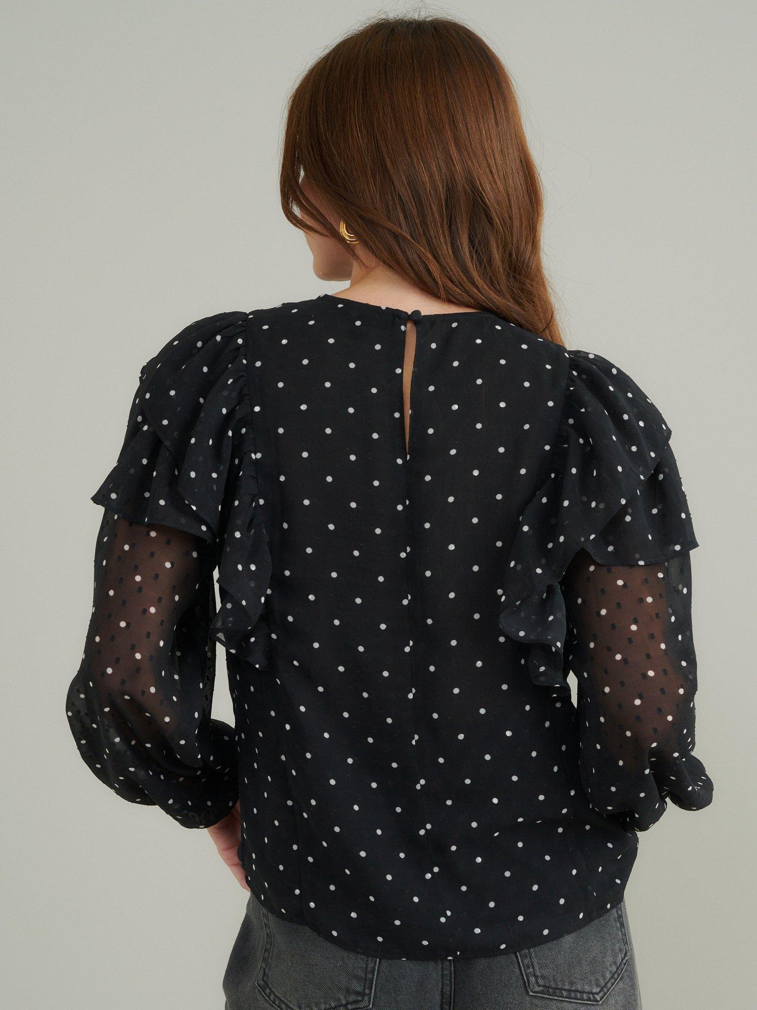 Product image 5 of 5, which shows Nobody's Child Finola Polka Dot Ruffle Blouse, Black/White, 16
