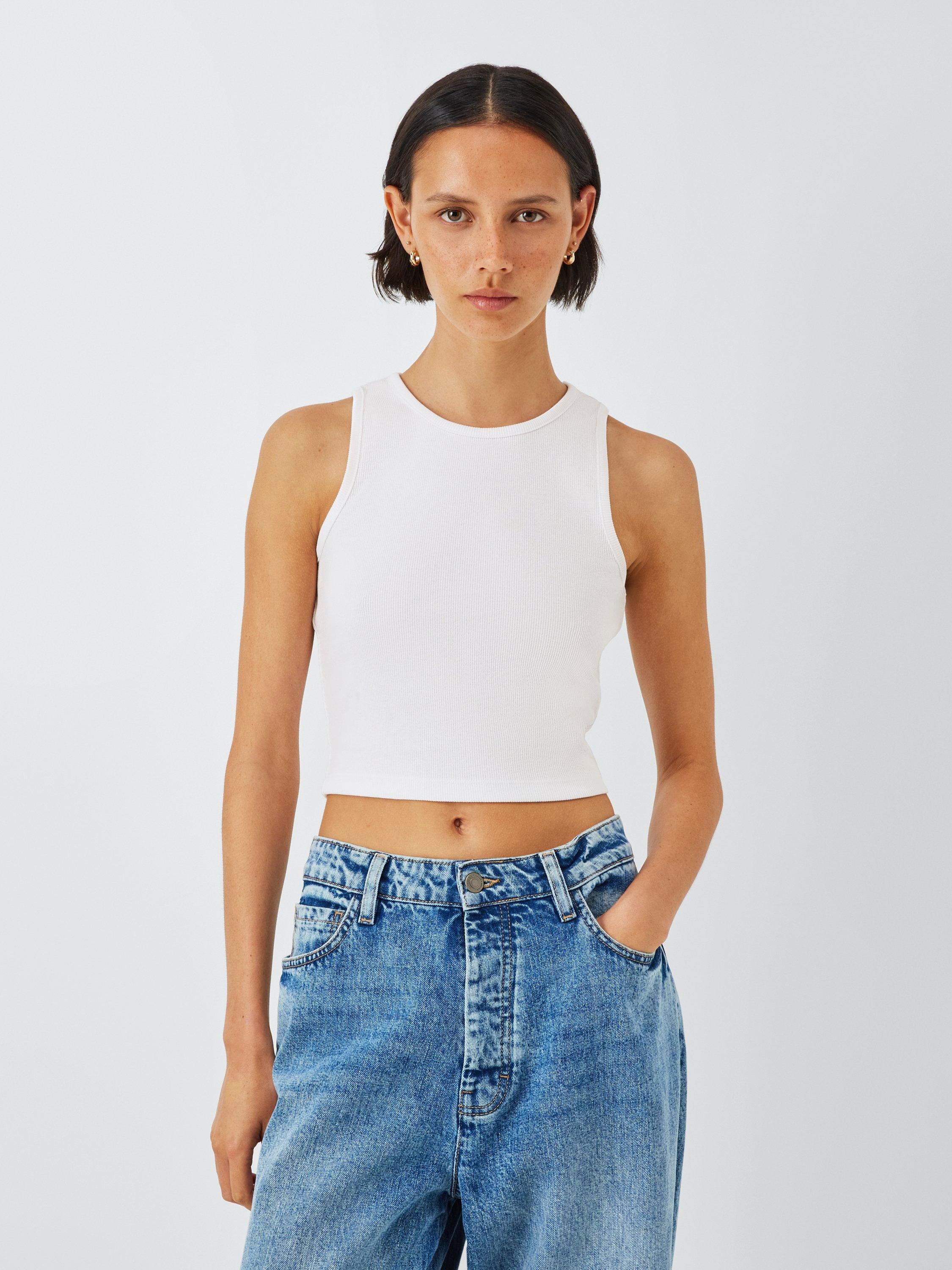 Product image 1 of 6, which shows John Lewis ANYDAY Racerback Cropped Vest Top, White, XS