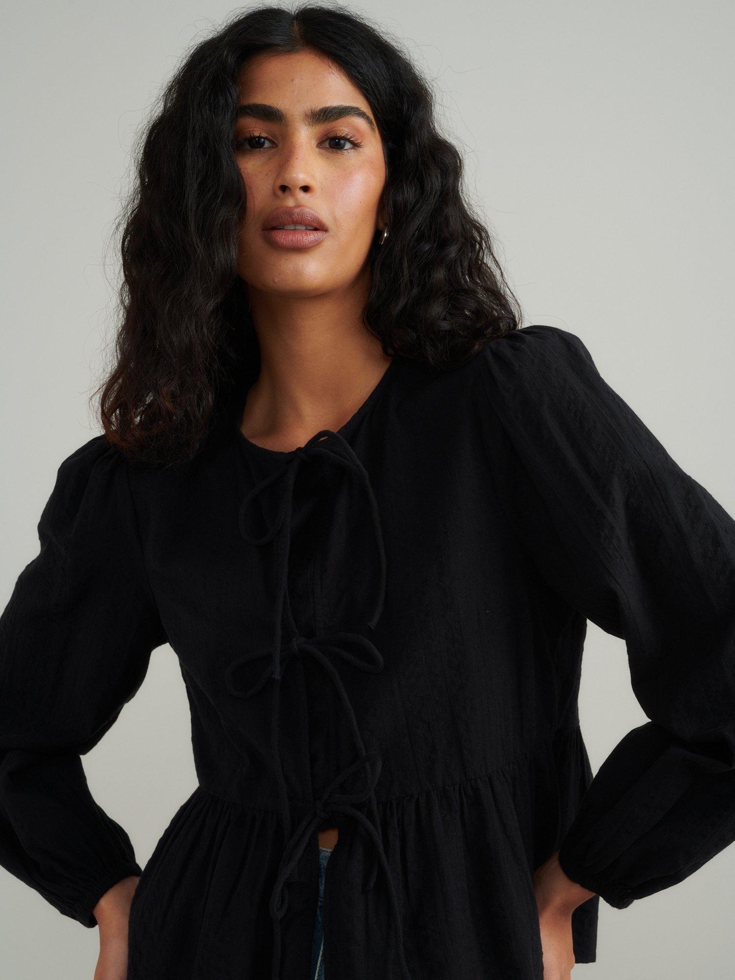 Product image 1 of 5, which shows Nobody's Child Bernice Tie Front Pure Organic Cotton Top, Black, 6