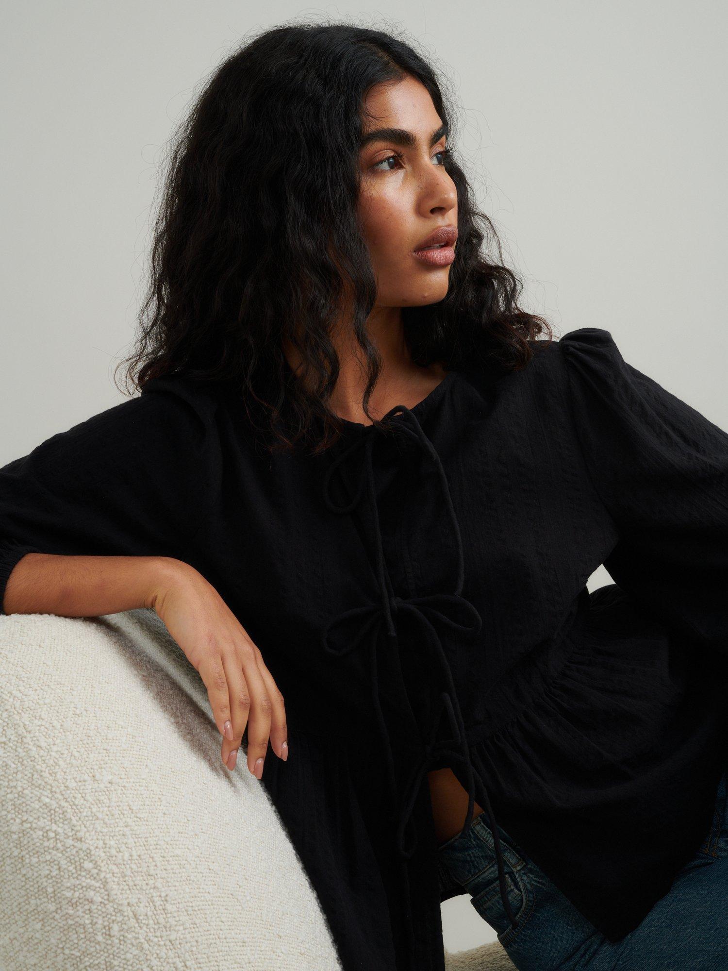 Product image 2 of 5, which shows Nobody's Child Bernice Tie Front Pure Organic Cotton Top, Black, 6
