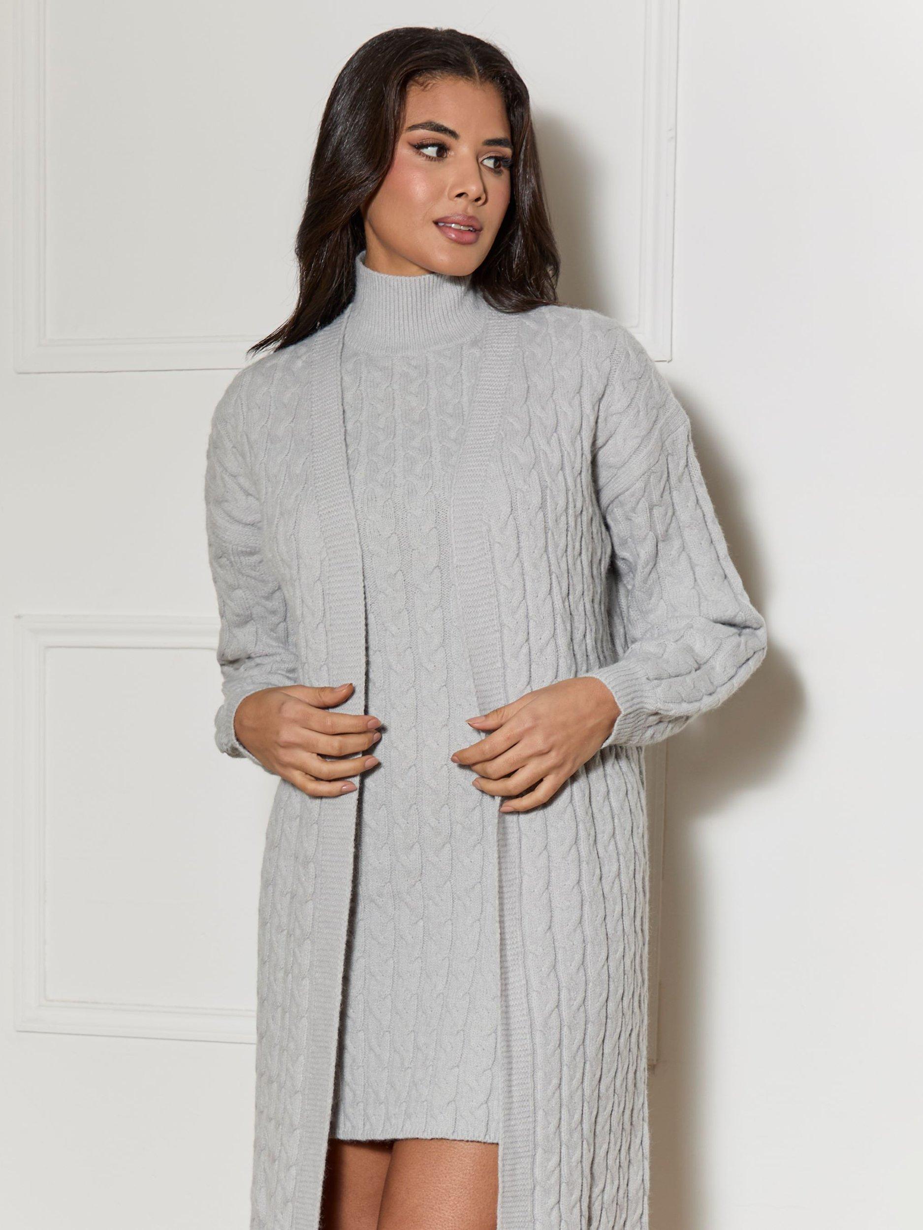 Product image 2 of 3, which shows Chi Chi London Textured Knit Longline Cardigan, Grey, XS