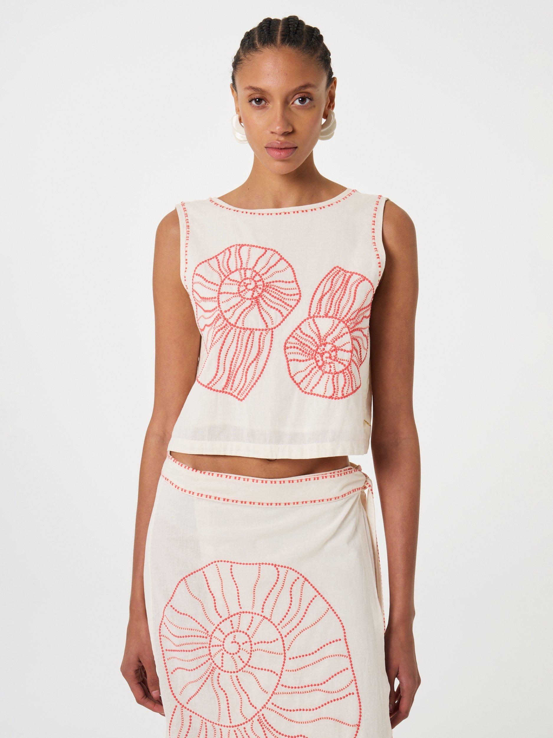 Product image 1 of 3, which shows Fabienne Chapot Sansa Sleeveless Embroidered Shell Cotton Blend Top, White/Pink, 42