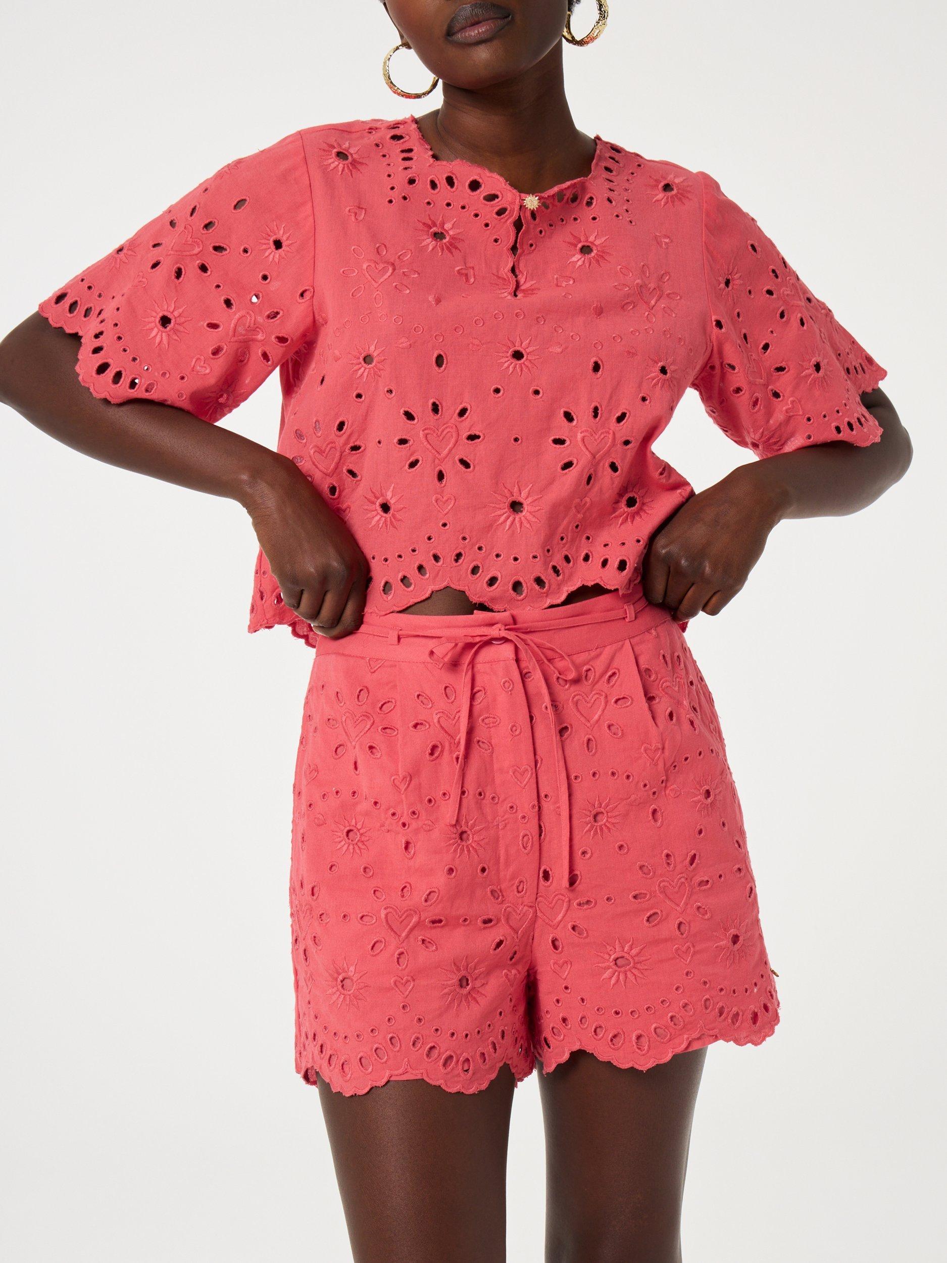 Product image 4 of 5, which shows Fabienne Chapot Soraya Short Sleeve Broderie Cotton Blend Top, Coral Pink, 34