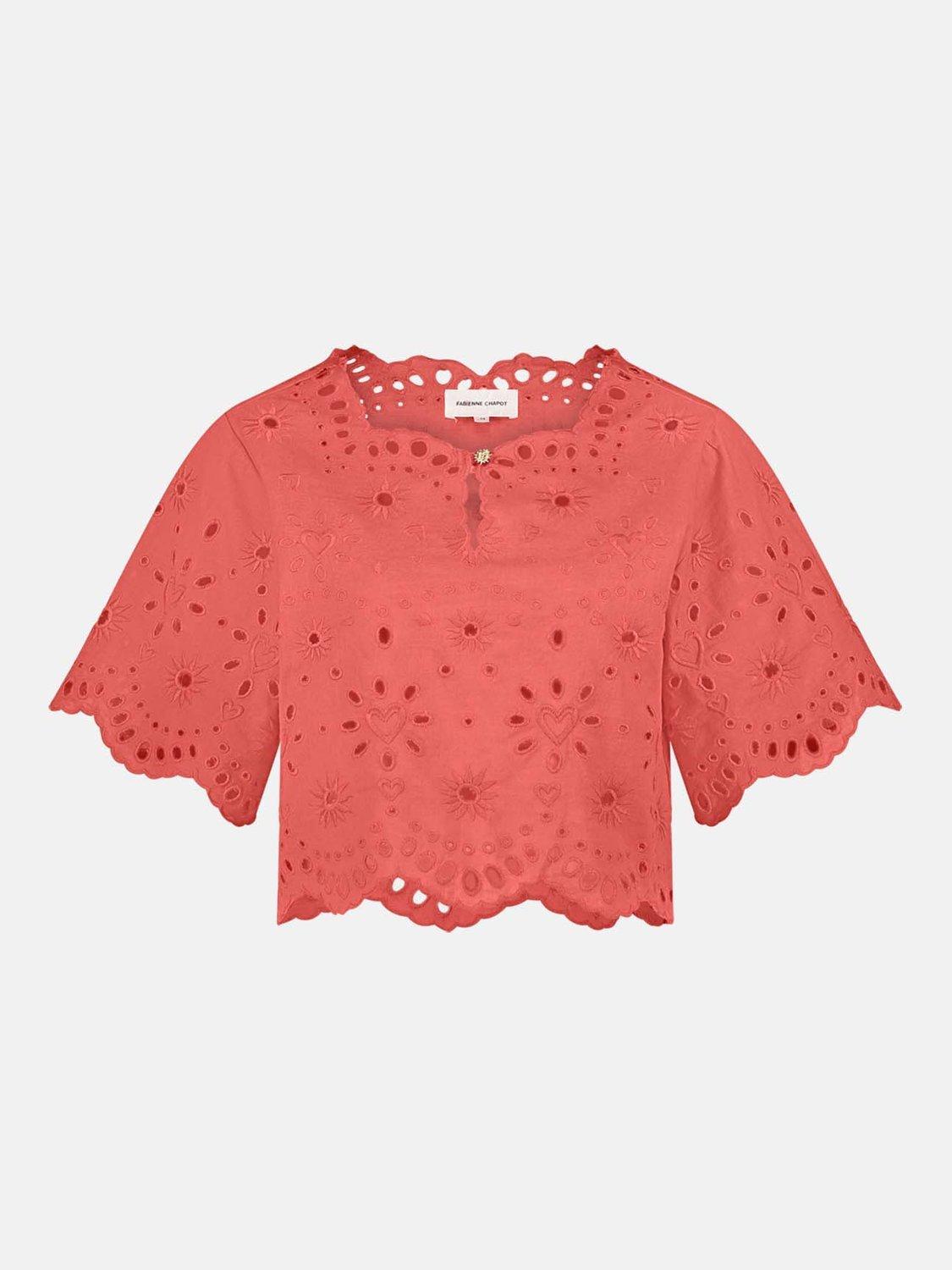 Product image 5 of 5, which shows Fabienne Chapot Soraya Short Sleeve Broderie Cotton Blend Top, Coral Pink, 34