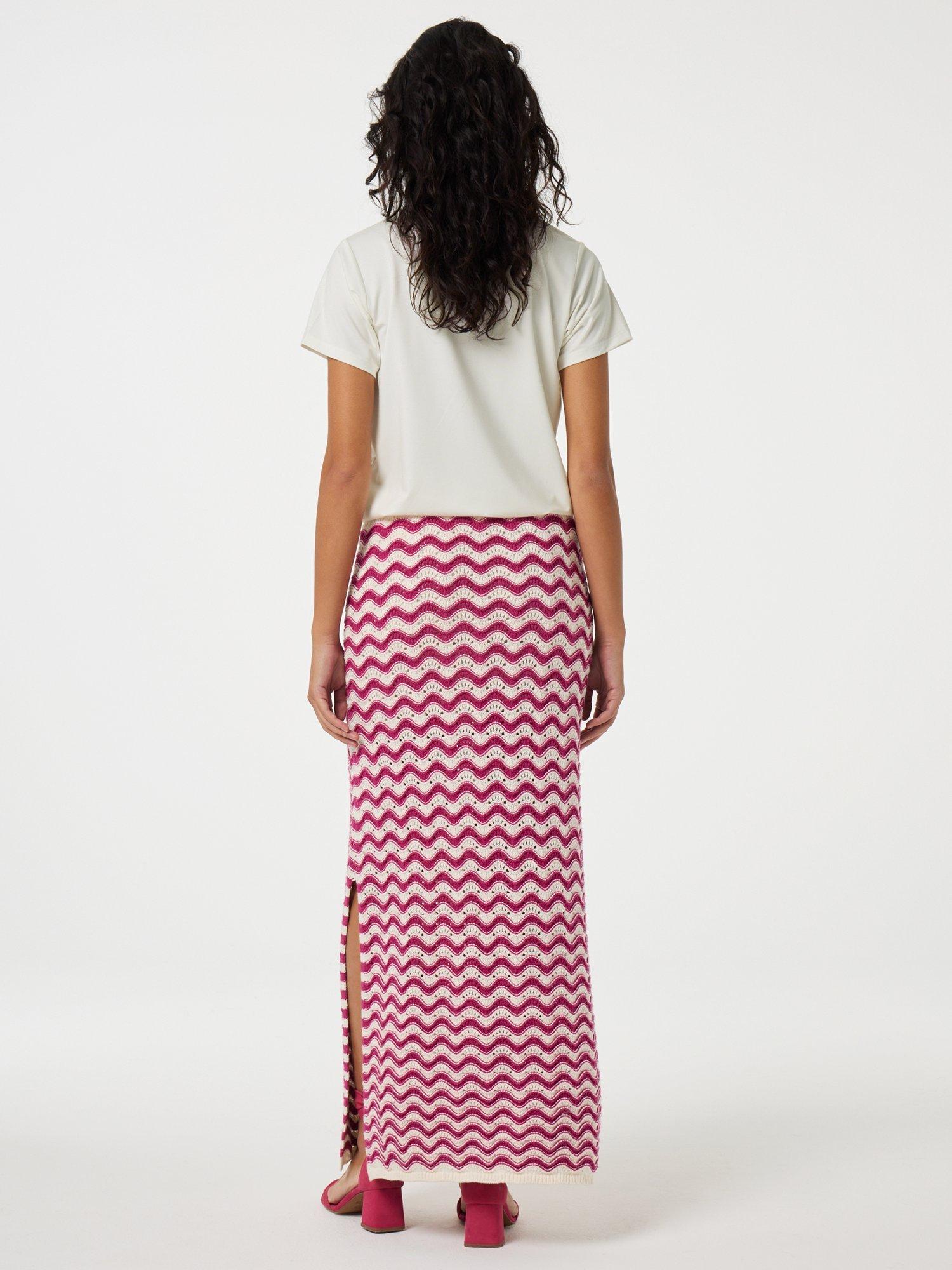 Product image 2 of 5, which shows Fabienne Chapot Caro Striped Organic Cotton Crochet Midi Skirt, Pink/Cream, 34