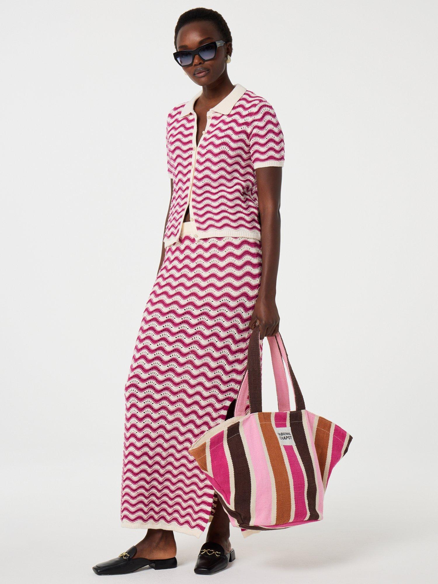 Product image 3 of 5, which shows Fabienne Chapot Caro Striped Organic Cotton Crochet Midi Skirt, Pink/Cream, 34