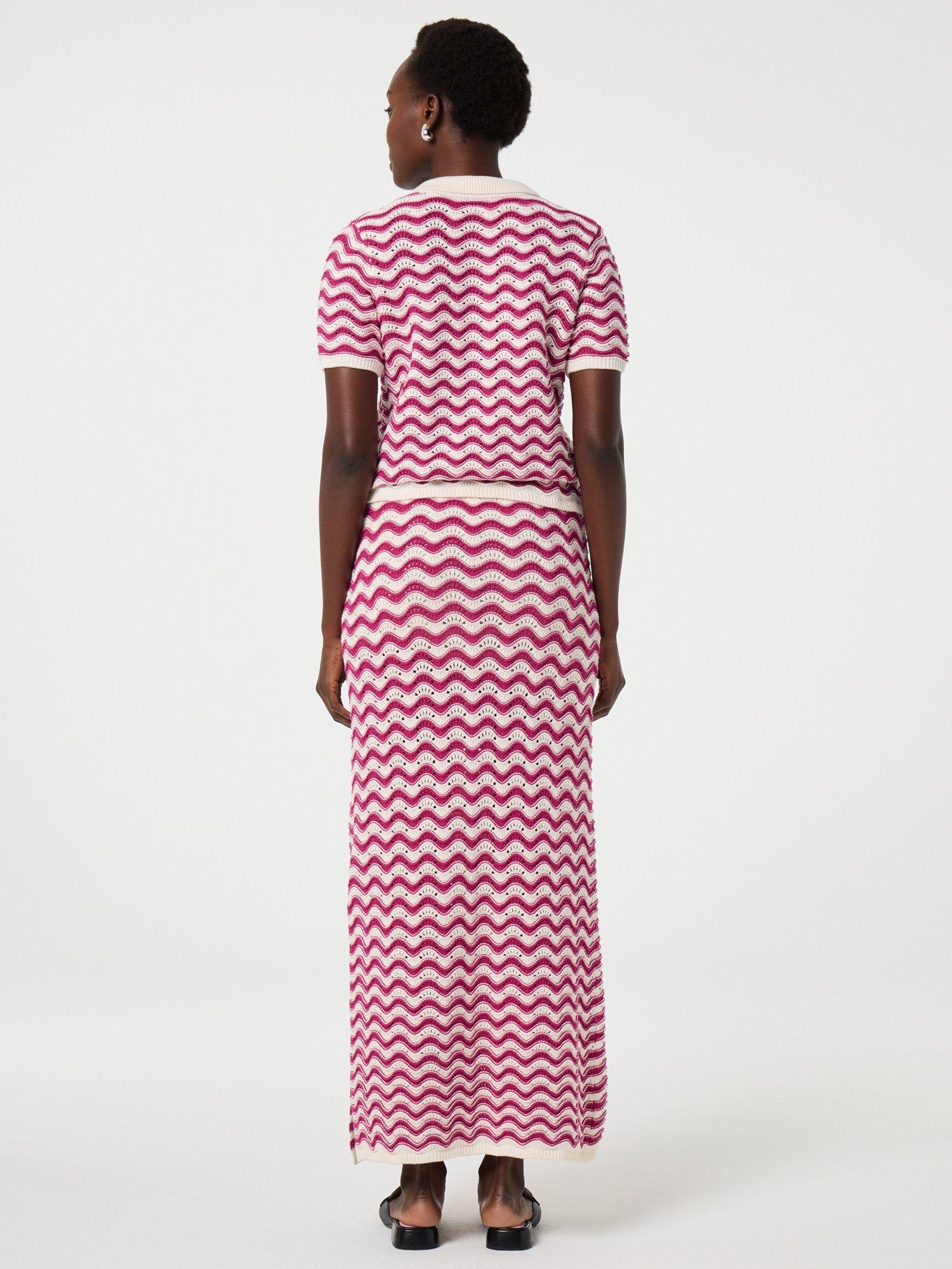 Product image 4 of 5, which shows Fabienne Chapot Caro Striped Organic Cotton Crochet Midi Skirt, Pink/Cream, 34