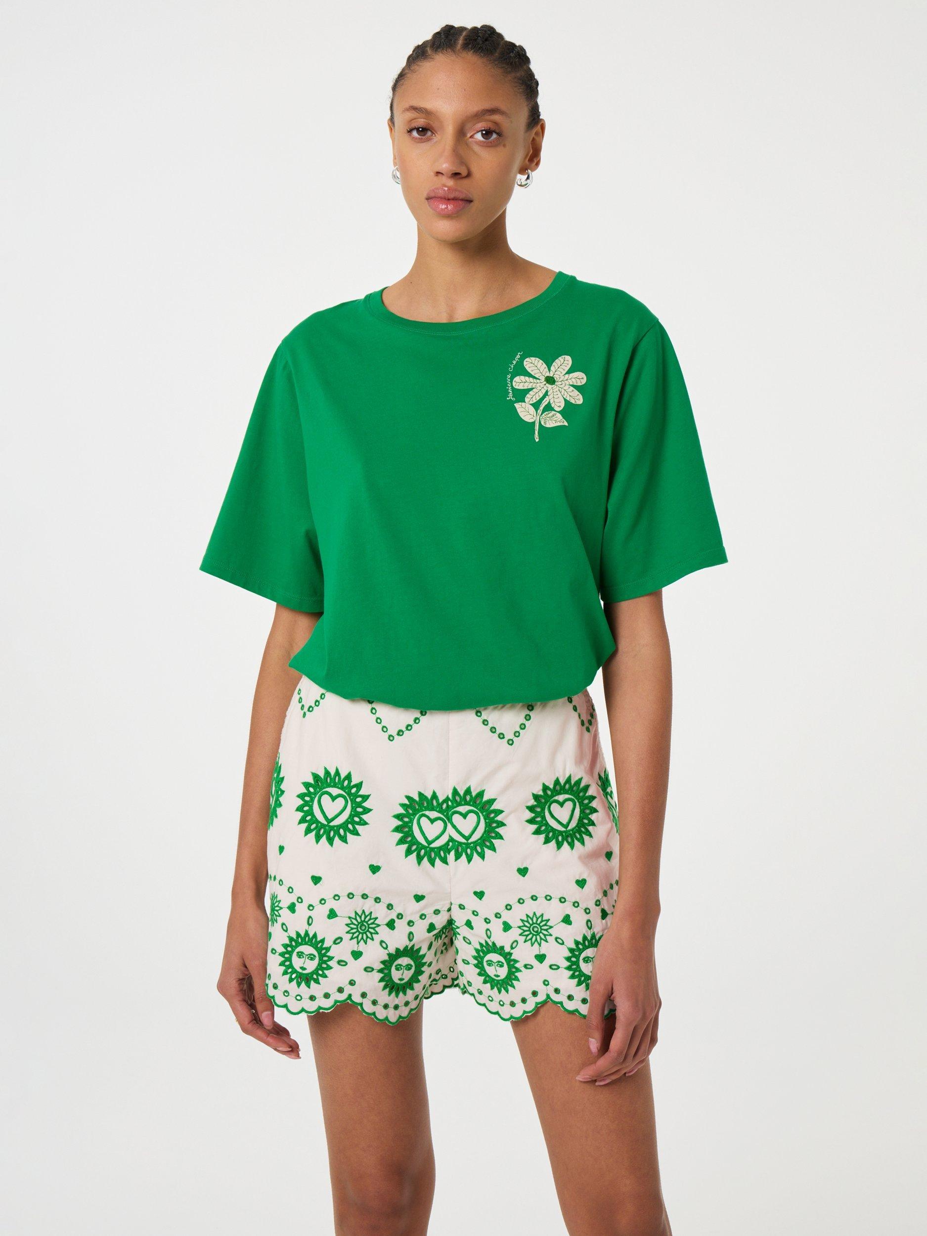 Product image 1 of 3, which shows Fabienne Chapot Breece Scallop Hem Floral Embroidered Organic Cotton Shorts, White/Green, 42