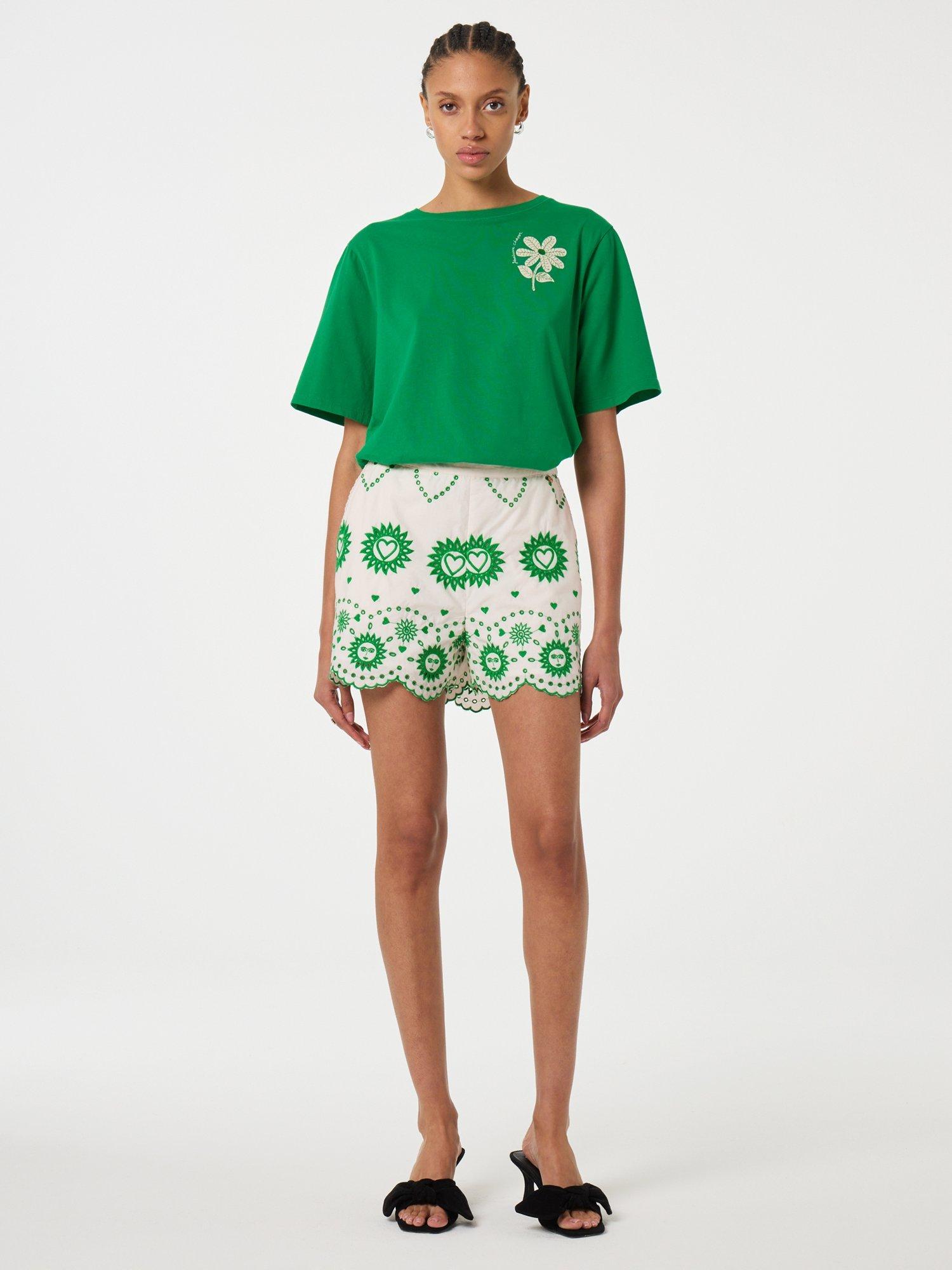 Product image 2 of 3, which shows Fabienne Chapot Breece Scallop Hem Floral Embroidered Organic Cotton Shorts, White/Green, 42
