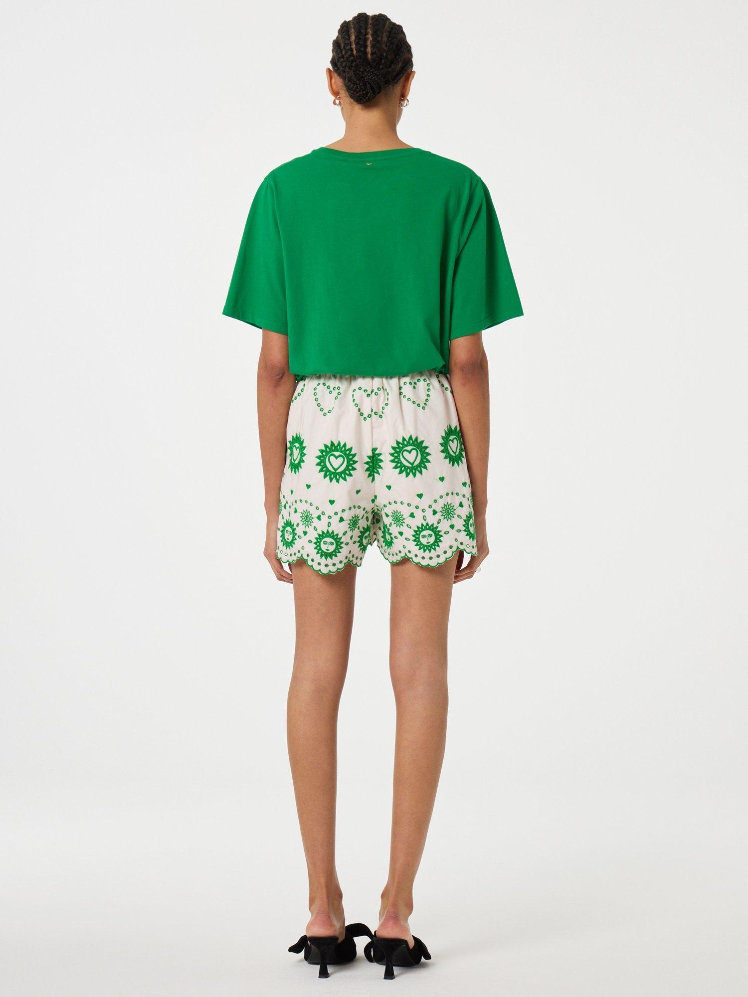 Product image 3 of 3, which shows Fabienne Chapot Breece Scallop Hem Floral Embroidered Organic Cotton Shorts, White/Green, 42