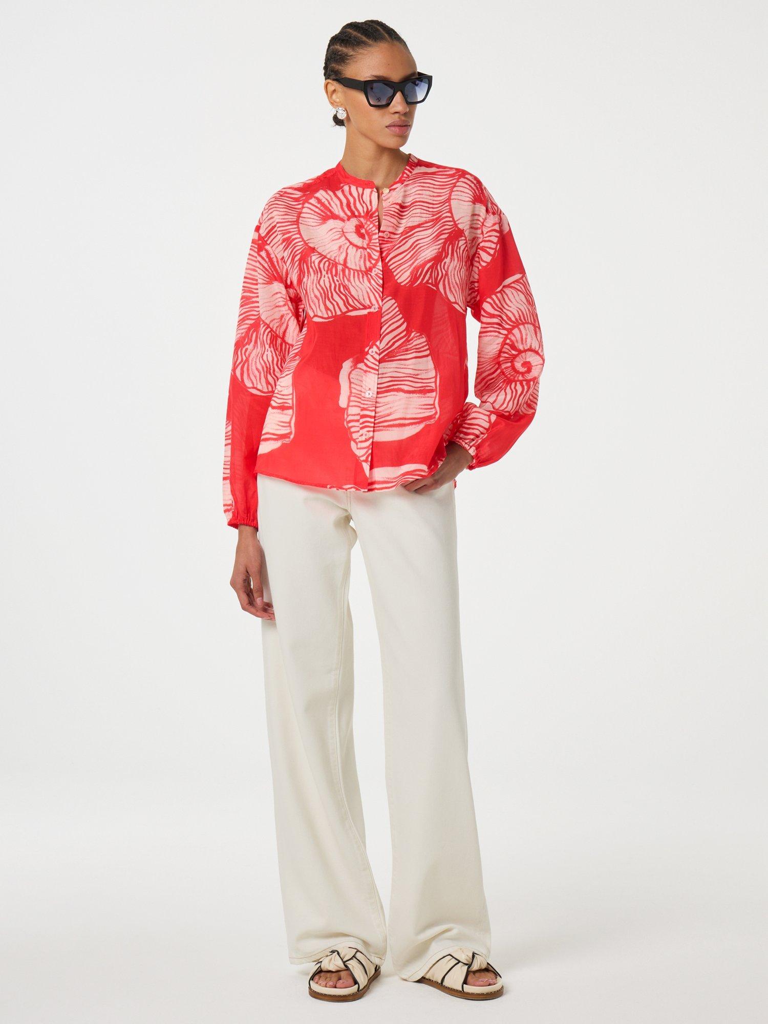 Product image 3 of 3, which shows Fabienne Chapot Lente Shell Print Cotton Blend Blouse, Coral/White, 34