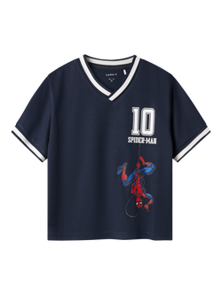 NAME IT Kids' Spider Man Mesh V-Neck Top, Navy/Multi, Navy/Multi