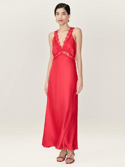OMNES Aurelia Satin Lace Trim Dress, Barbados Cherry