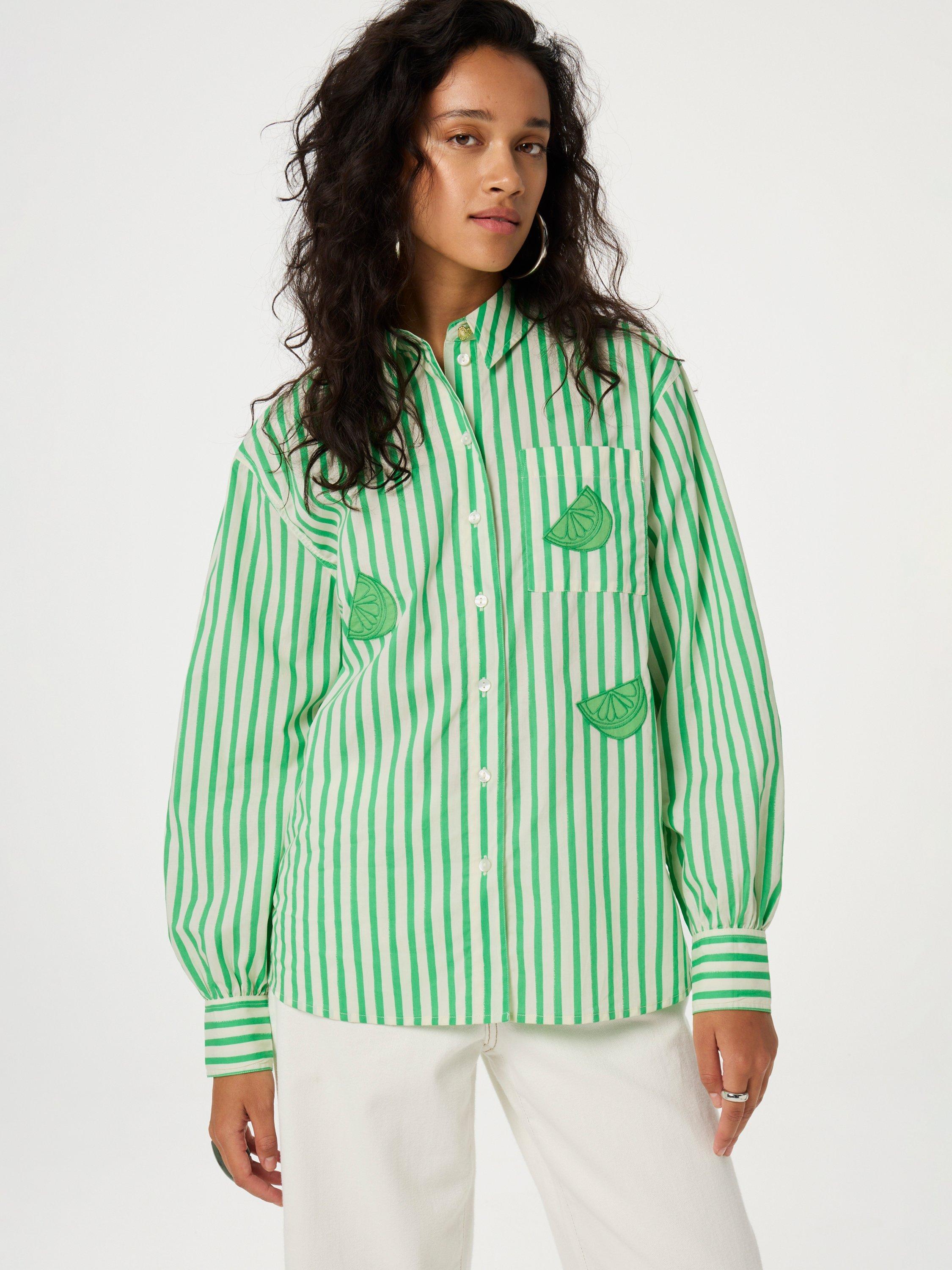 Product image 1 of 4, which shows Fabienne Chapot Alex Stripe Limes Pure Organic Cotton Shirt, Warm White/Green App, 40