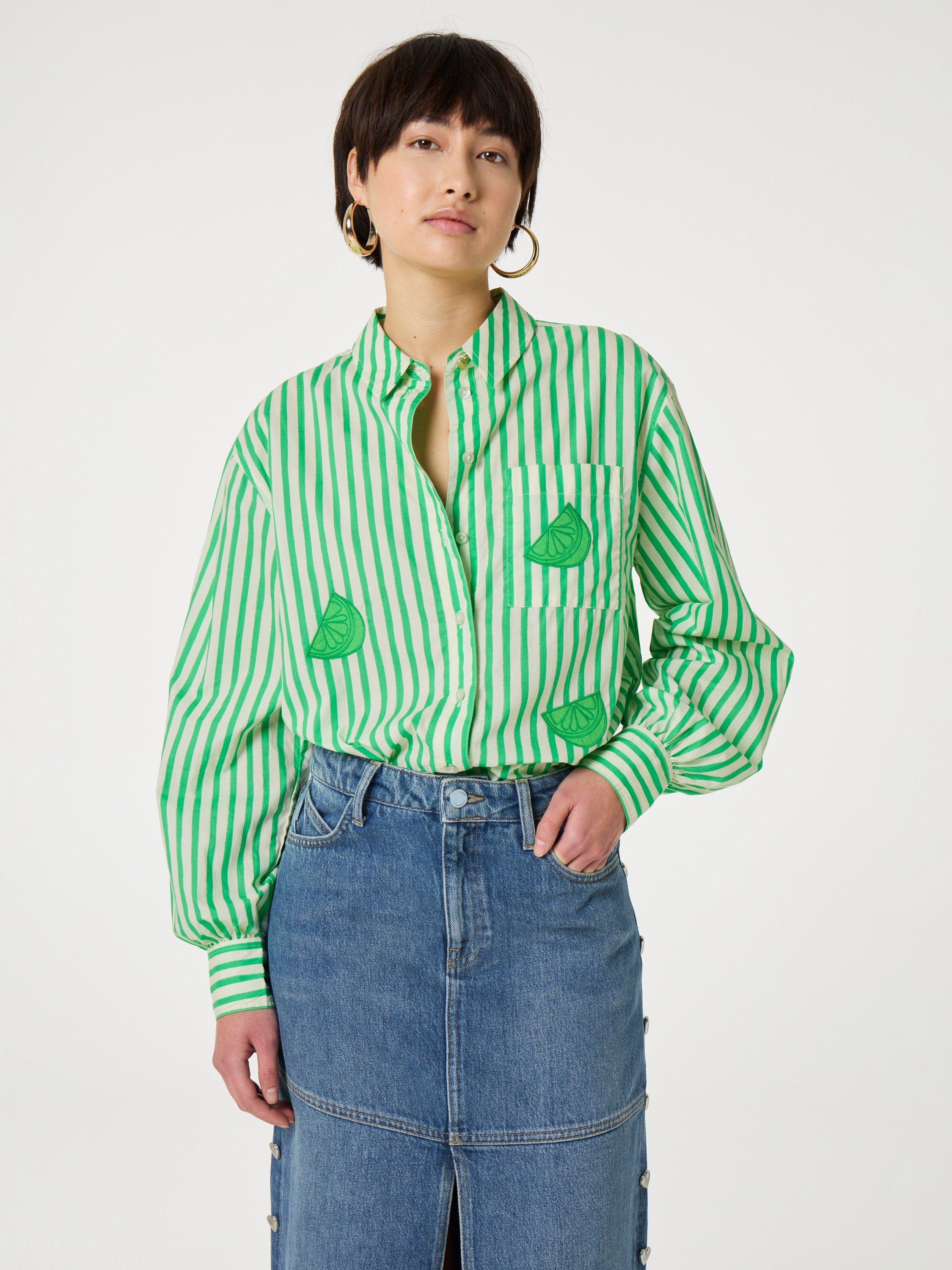 Product image 4 of 4, which shows Fabienne Chapot Alex Stripe Limes Pure Organic Cotton Shirt, Warm White/Green App, 40