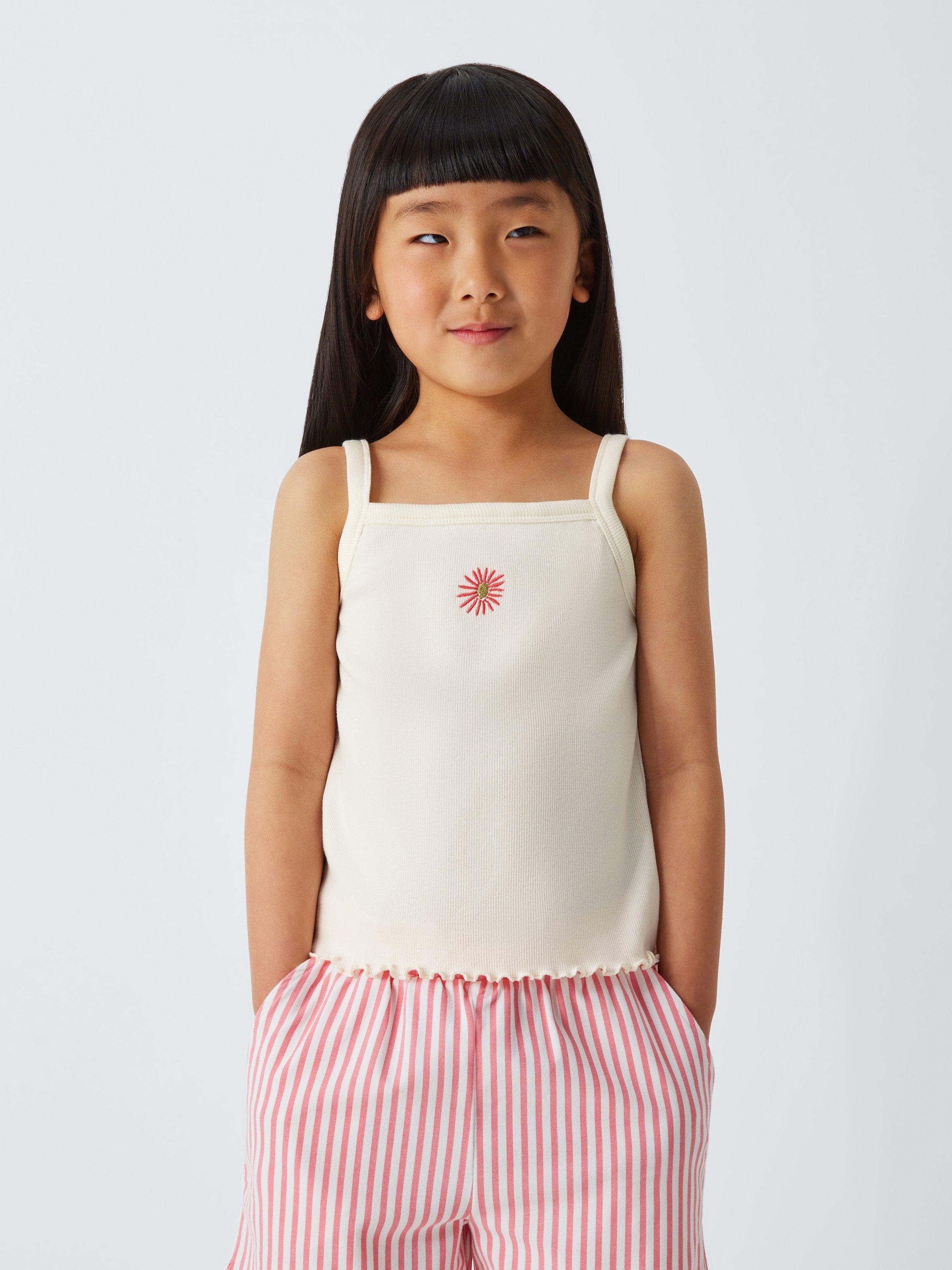 Product image 1 of 7, which shows John Lewis Kids' Embroidered Flower Ribbed Vest Top, White, Orange, 6 years