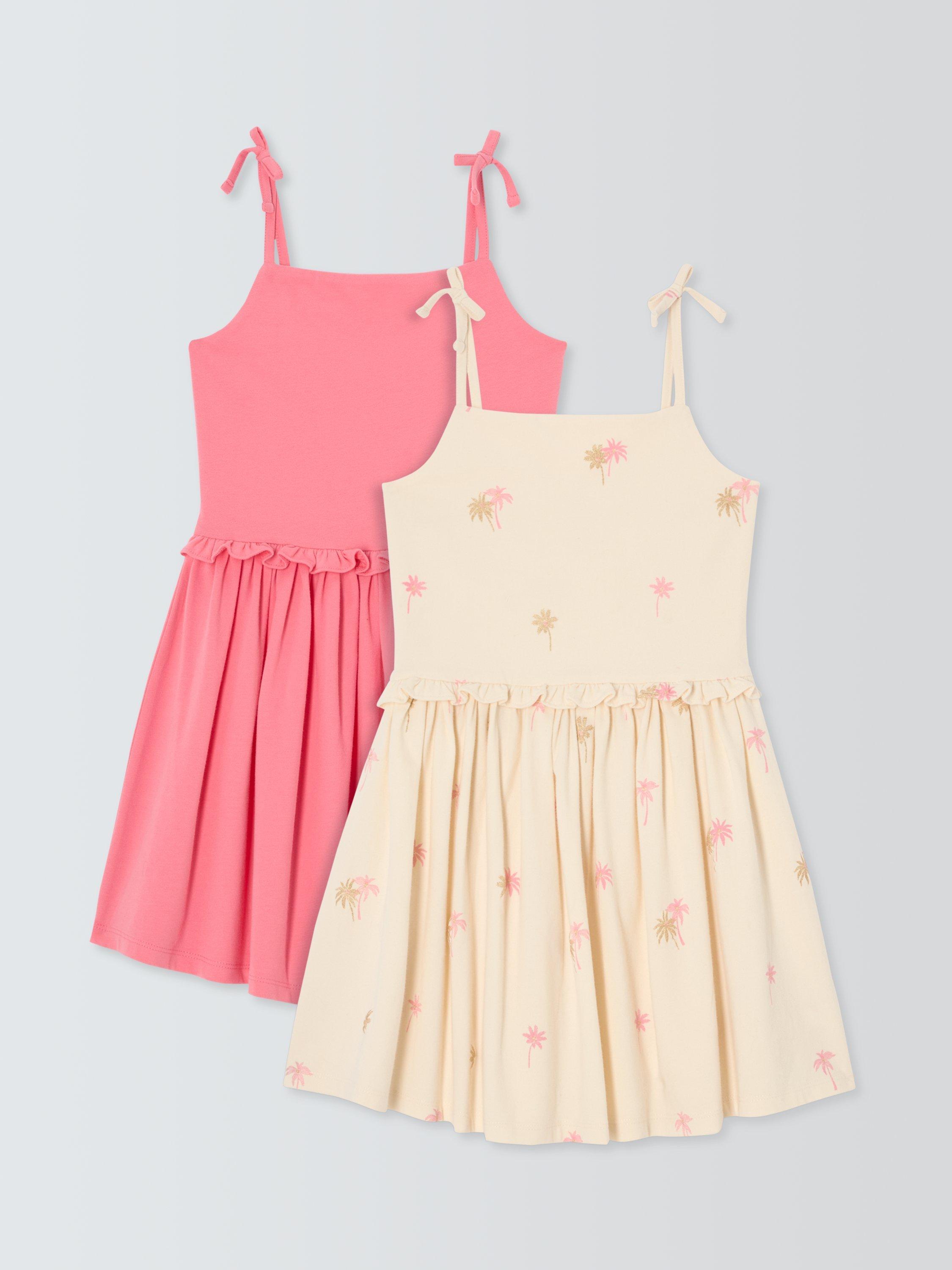 Product image 1 of 7, which shows John Lewis Kids' Strappy Plain and Palm Tree Dresses, Pack of 2, Multi, 2 years