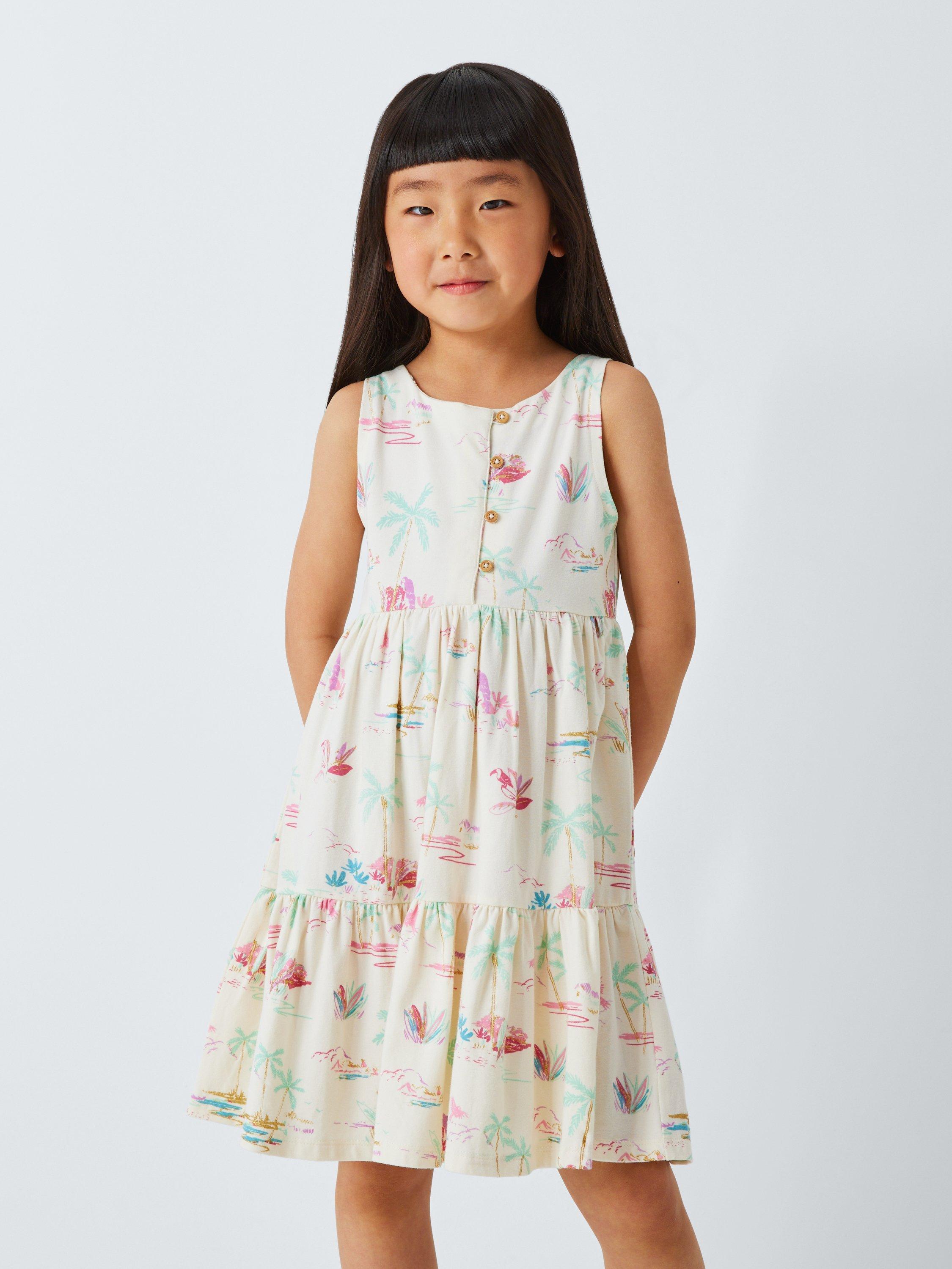 Product image 1 of 7, which shows John Lewis Kids' Tropical Jersey Tiered Dress, Multi, 2 years