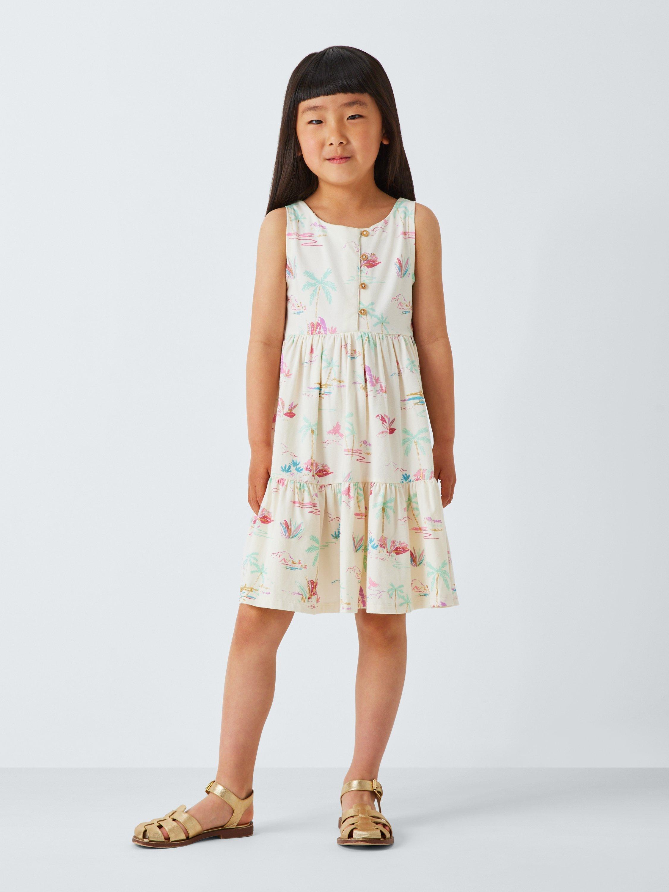 Product image 2 of 7, which shows John Lewis Kids' Tropical Jersey Tiered Dress, Multi, 2 years