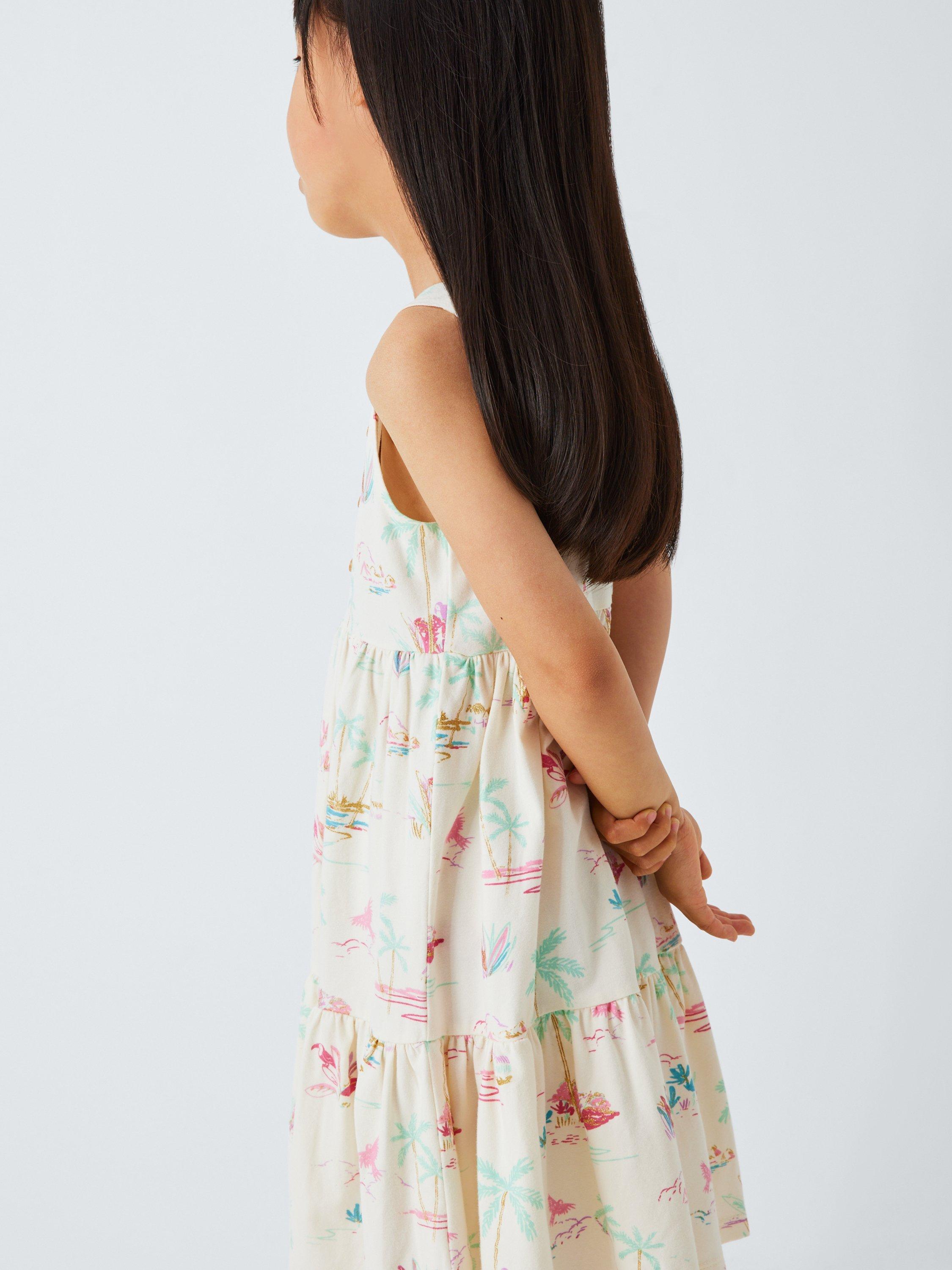 Product image 7 of 7, which shows John Lewis Kids' Tropical Jersey Tiered Dress, Multi, 2 years