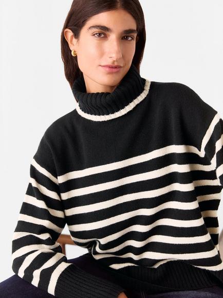 Whistles Stripe Pure Wool Roll Neck Jumper, Black/Multi, Black/Multi