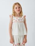 John Lewis Kids' Embroidered Ruffle Sleeve Top, White, Orange