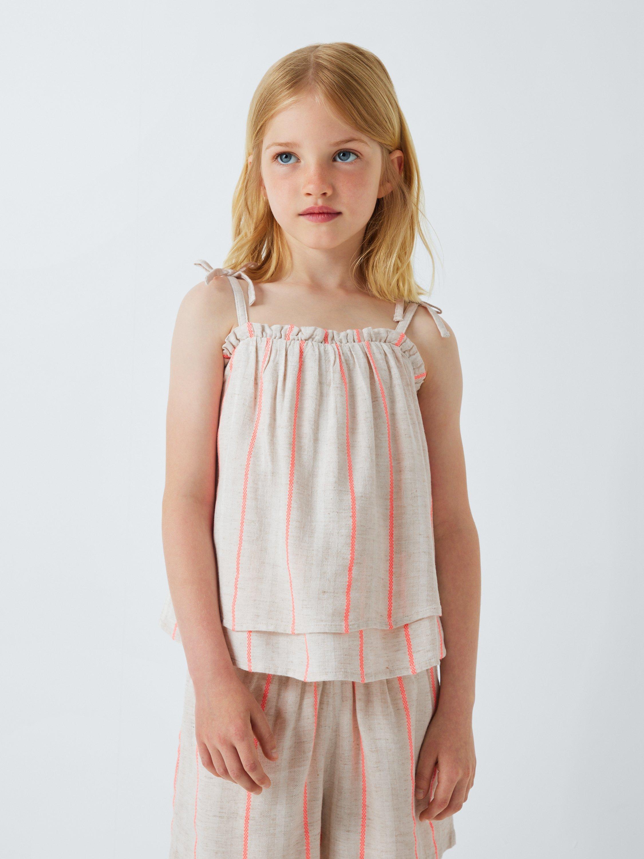 Product image 1 of 7, which shows John Lewis Kids' Stripe Double Strap Top, White, Orange, 2 years