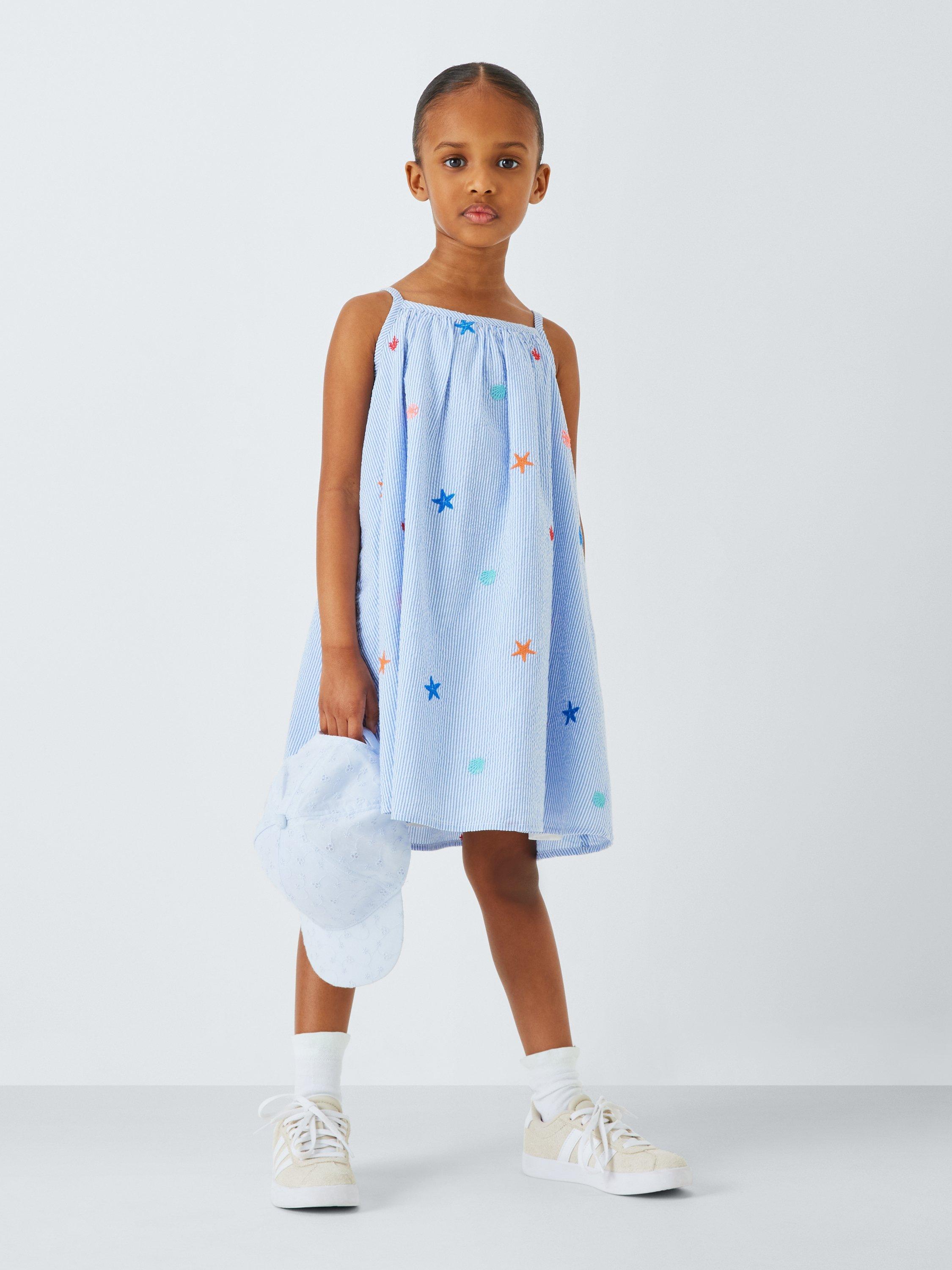 Product image 2 of 7, which shows John Lewis Kids' Embroidered Stripe Swing Dress & Hair Scrunchie Set, Blue, White, 3 years