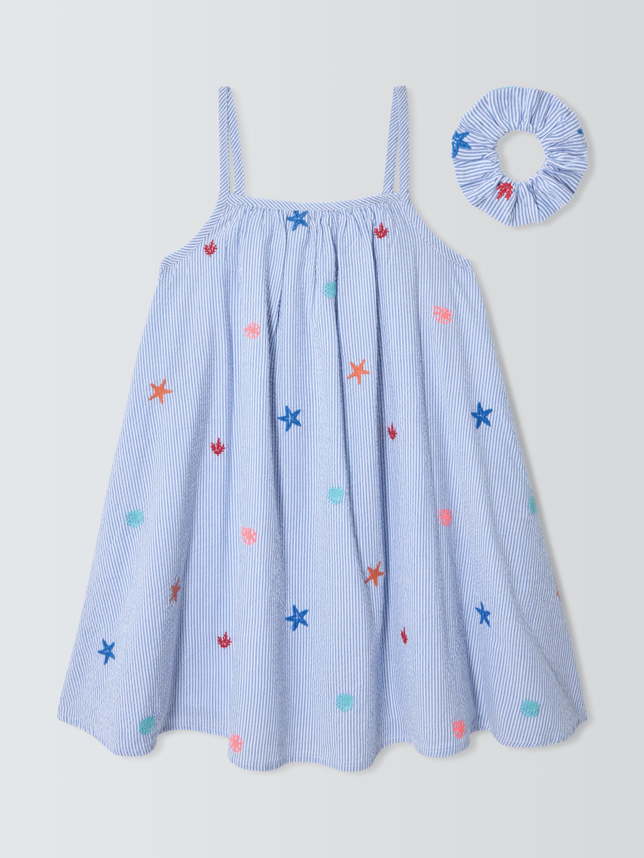 Product image 3 of 7, which shows John Lewis Kids' Embroidered Stripe Swing Dress & Hair Scrunchie Set, Blue, White, 3 years