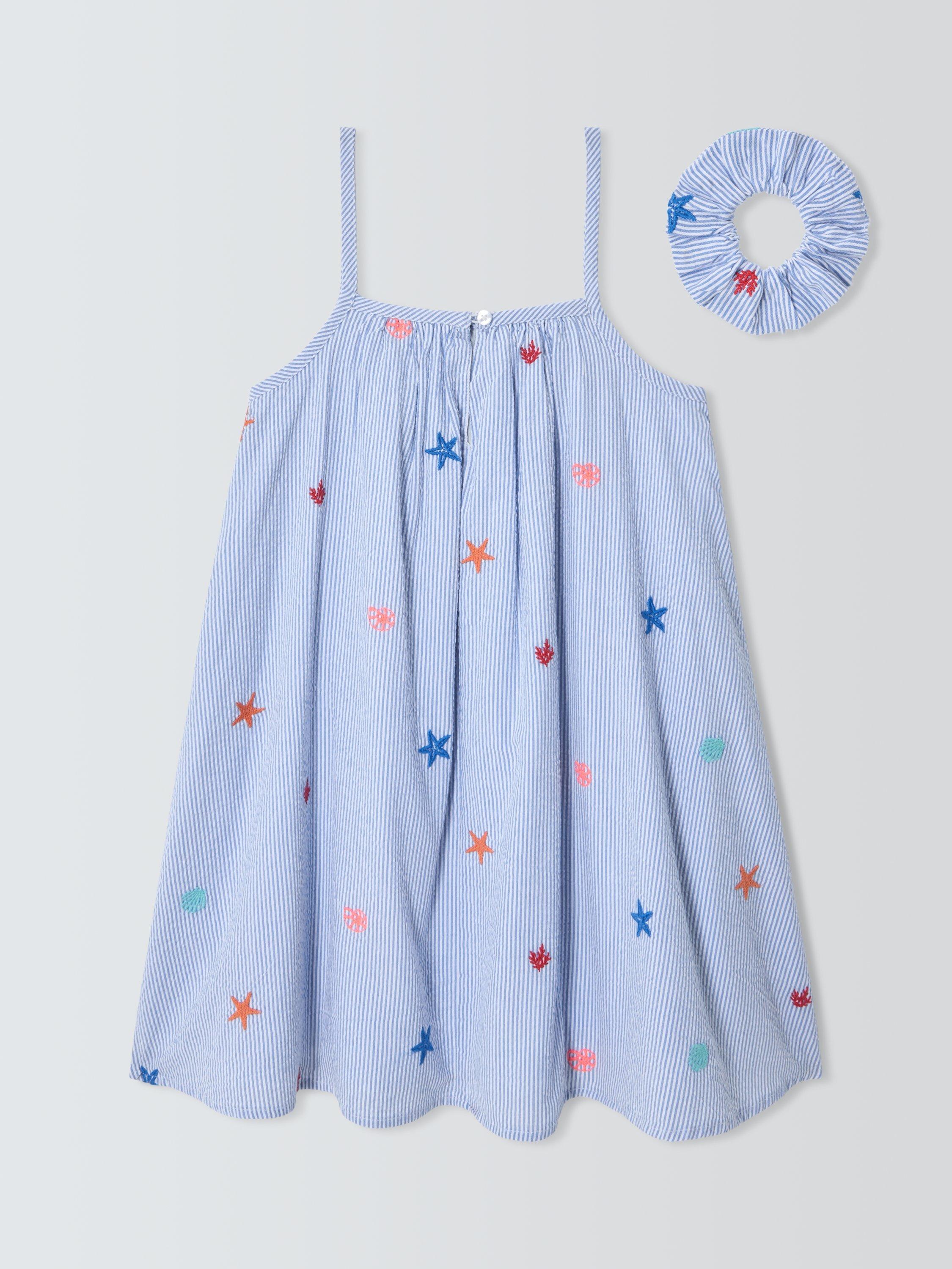Product image 4 of 7, which shows John Lewis Kids' Embroidered Stripe Swing Dress & Hair Scrunchie Set, Blue, White, 3 years