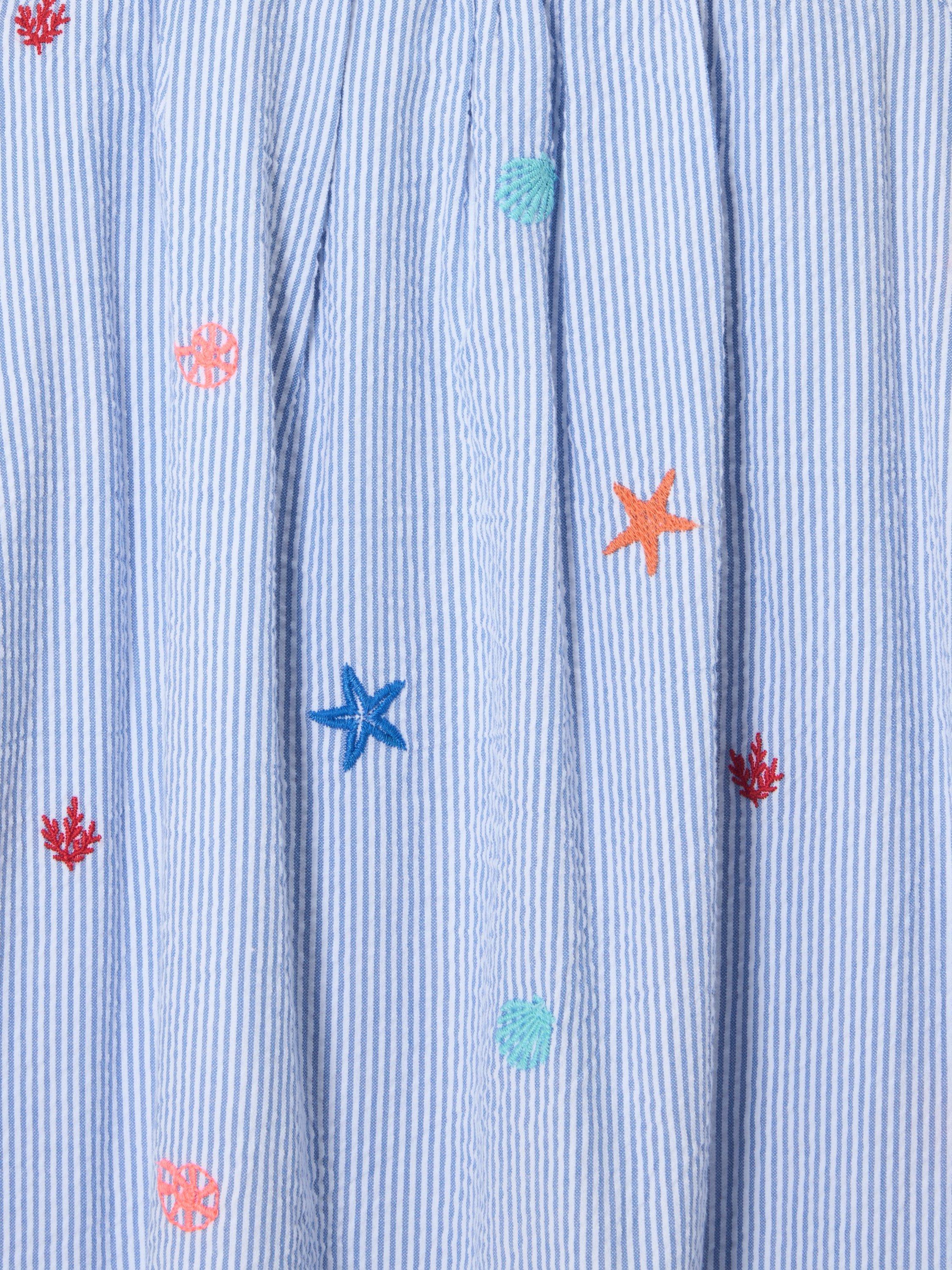 Product image 5 of 7, which shows John Lewis Kids' Embroidered Stripe Swing Dress & Hair Scrunchie Set, Blue, White, 3 years