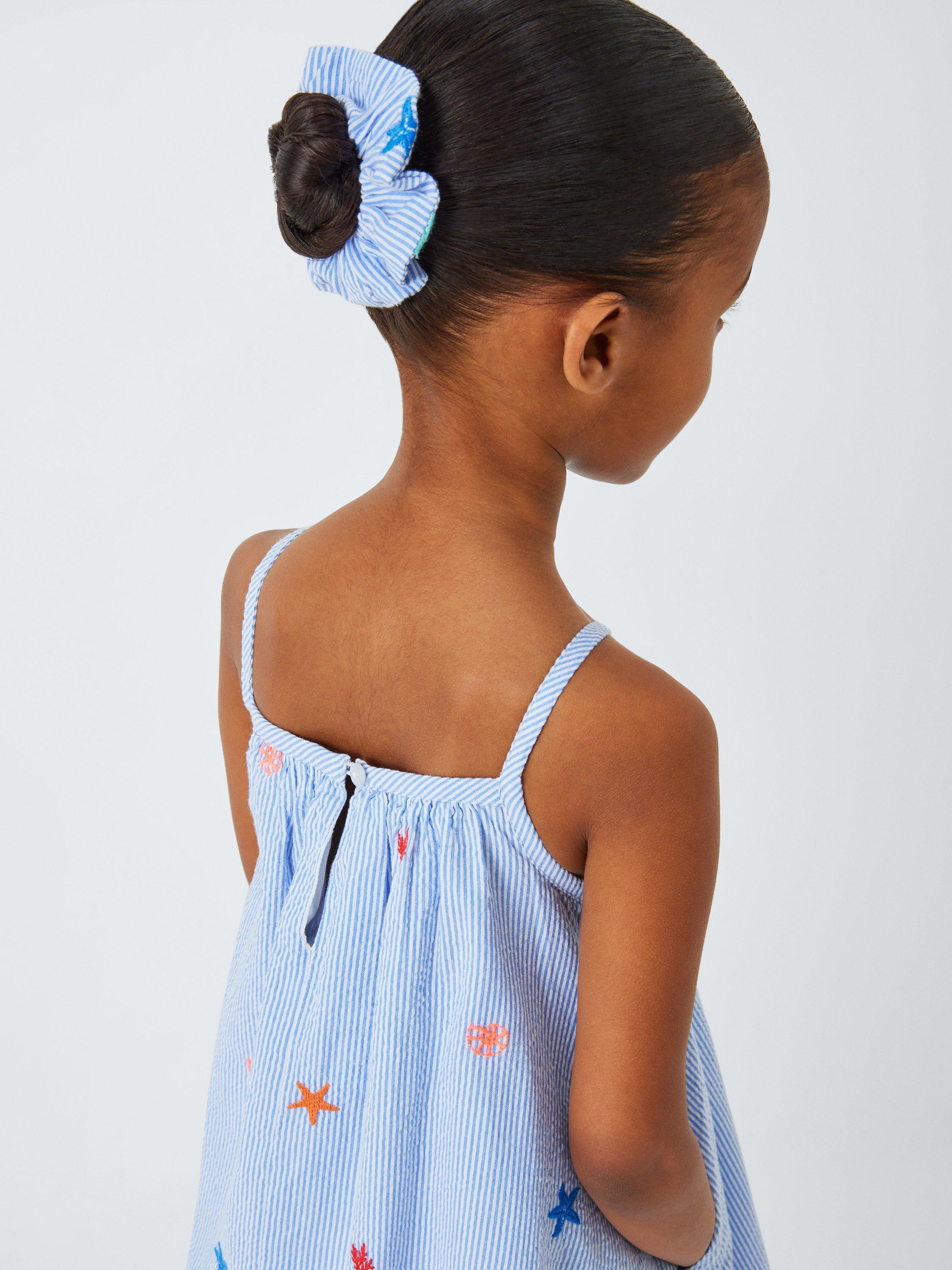 Product image 6 of 7, which shows John Lewis Kids' Embroidered Stripe Swing Dress & Hair Scrunchie Set, Blue, White, 3 years