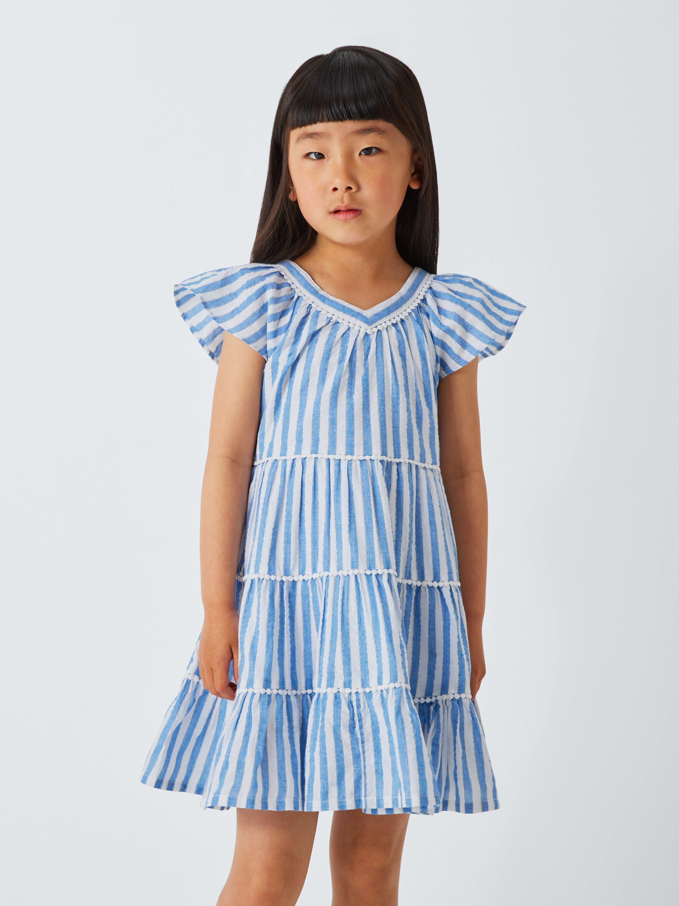 Product image 1 of 7, which shows John Lewis Kids' Stripe Tiered Ruffle Dress, Blue, White, 2 years