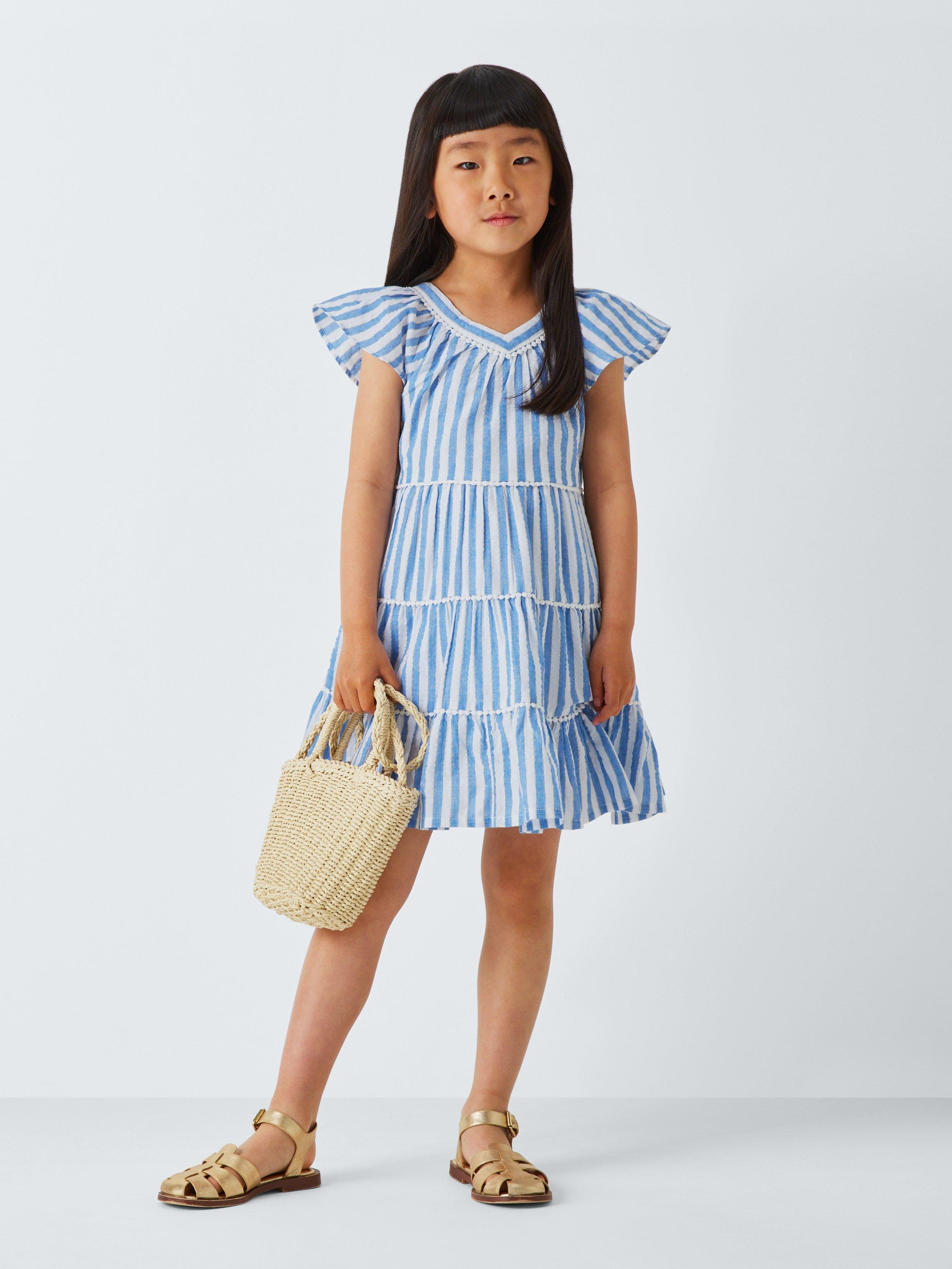 Product image 2 of 7, which shows John Lewis Kids' Stripe Tiered Ruffle Dress, Blue, White, 2 years
